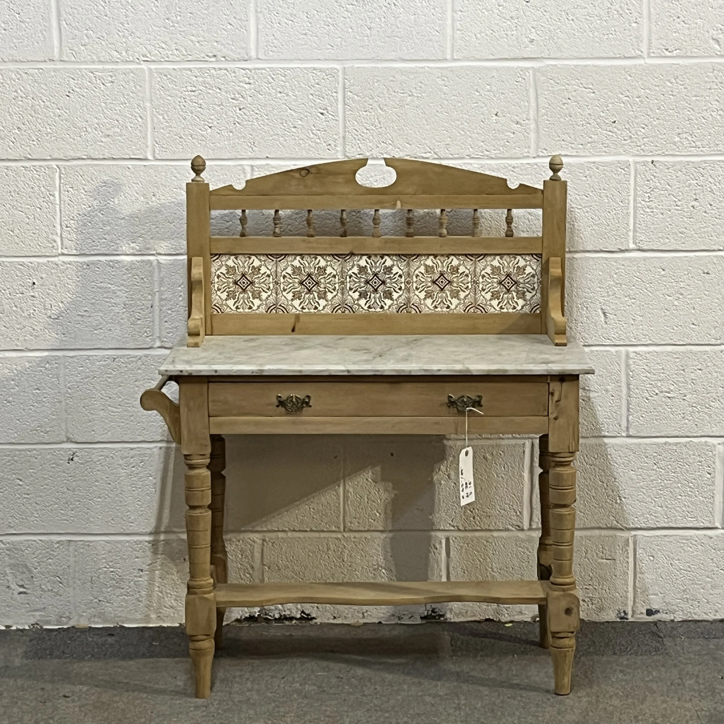 Late Victorian Pine Marble Top Tiled Back Washstand With Drawer