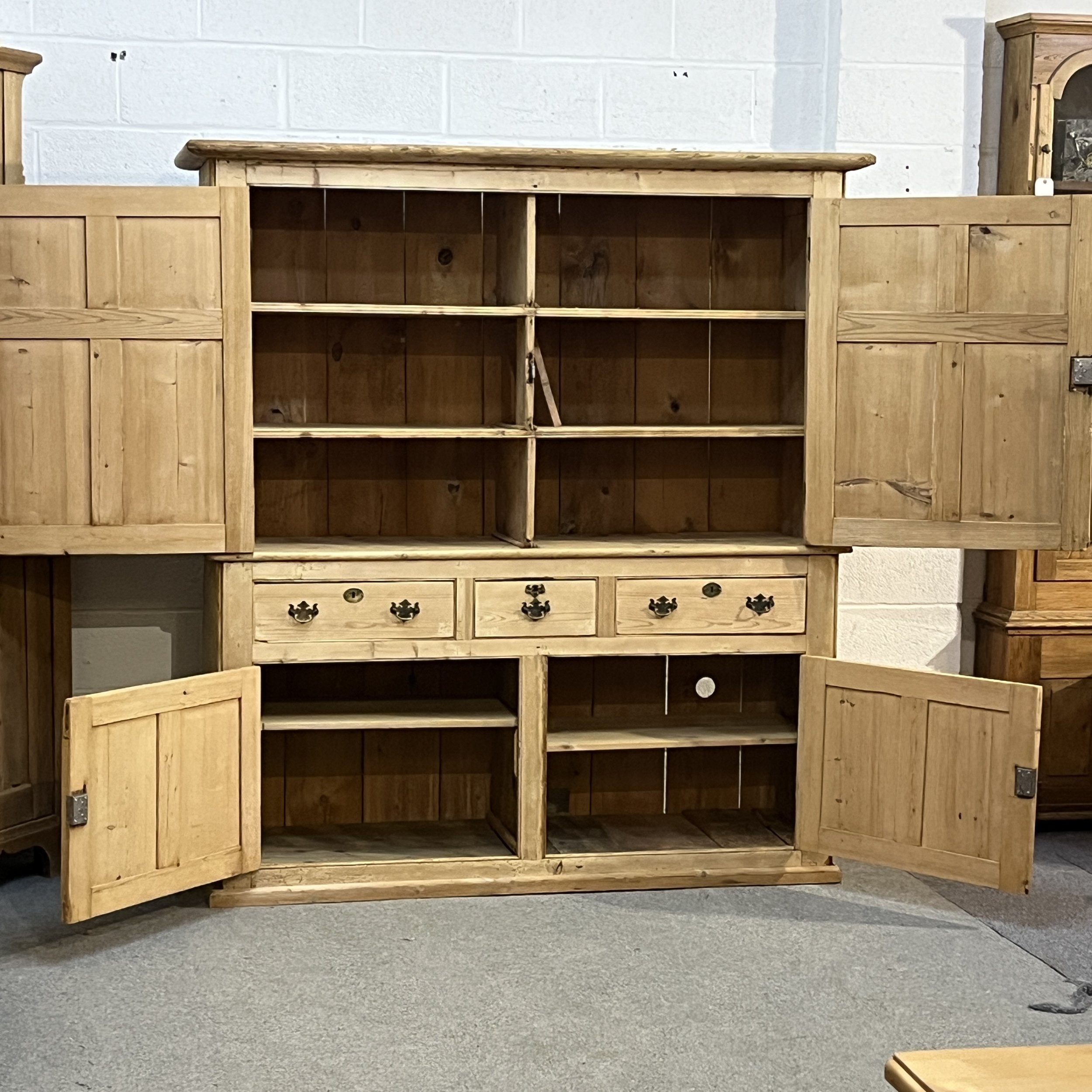 Pine housekeeper’s cupboard N7700I with all four doors open showing internal storage