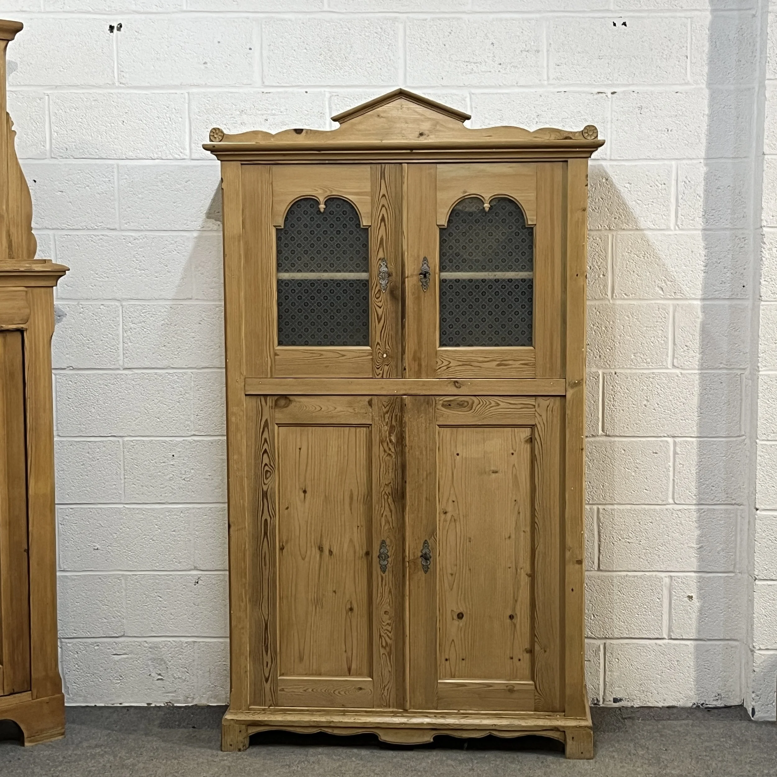 Large Partly Glazed Antique Pine Shelved Cupboard