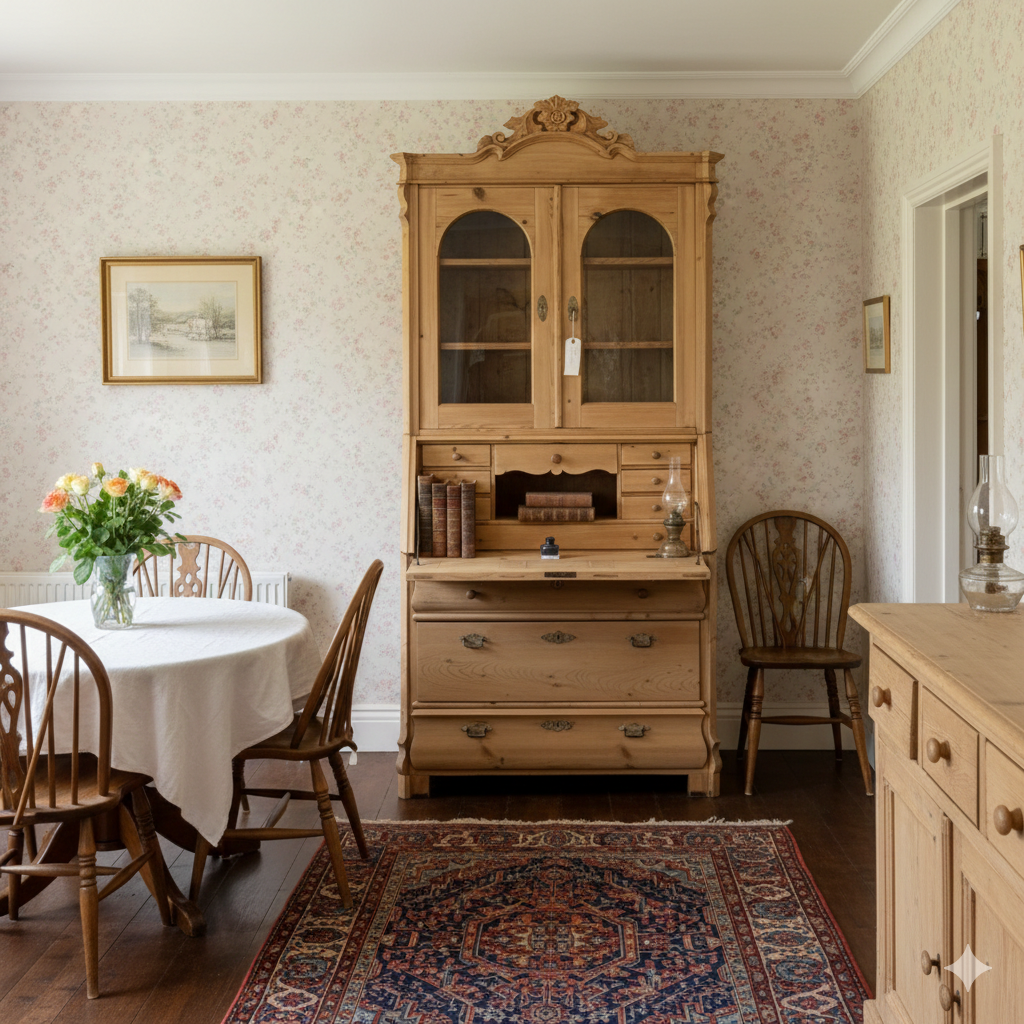 Large Glazed Antique Pine Secretaire