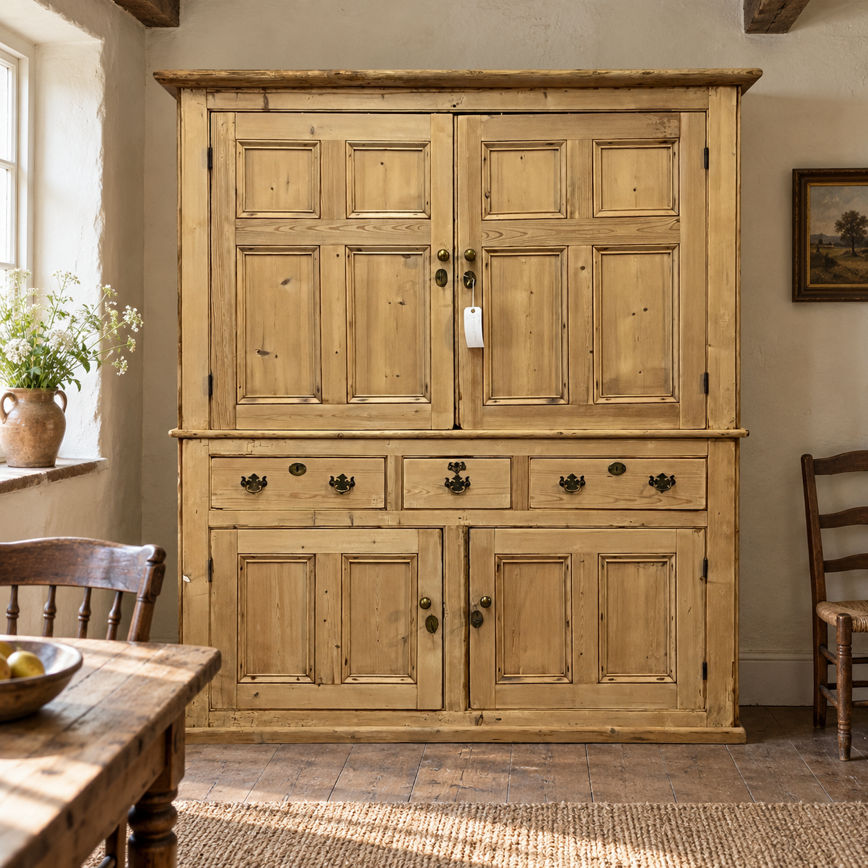 AI-staged room setting for illustration — early Victorian pine housekeeper’s cupboard N7700I in an English cottage dining room