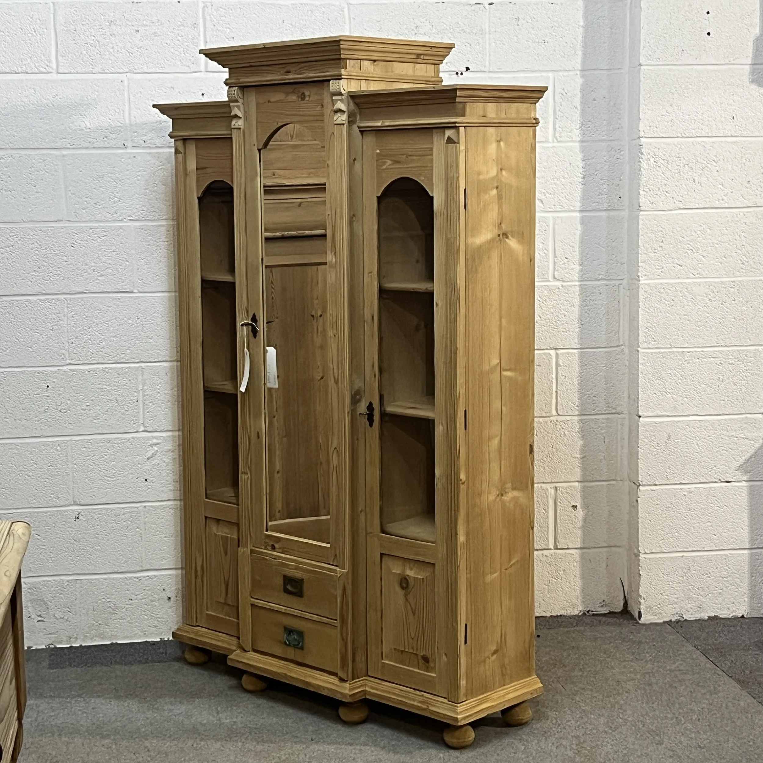 Right angled full view of reclaimed pine glazed and mirrored display cabinet N7500D