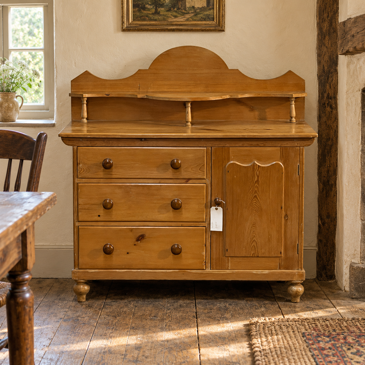 P0350E AI-staged room setting for illustration, waxed Yorkshire base in a cottage dining room