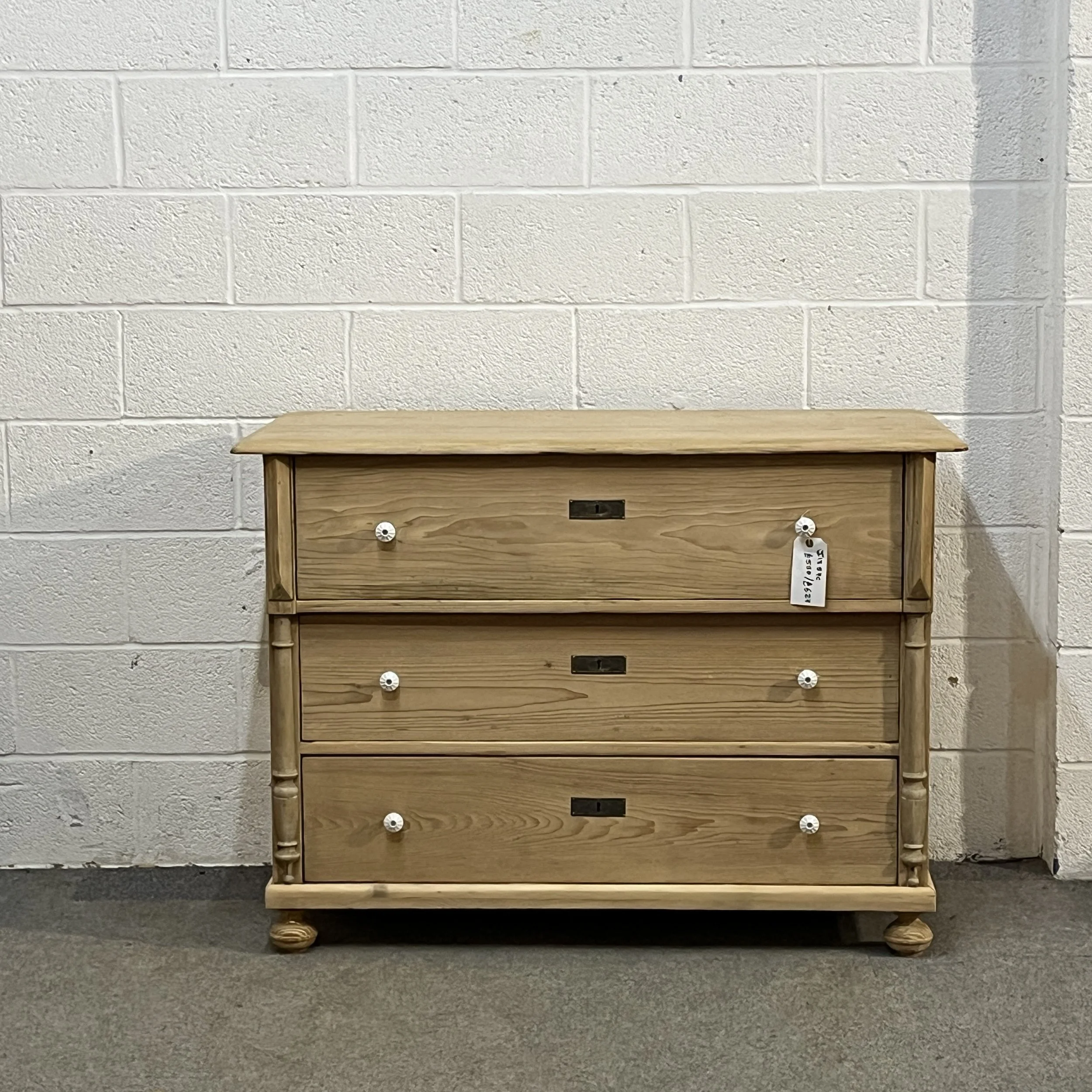 Large 3 Drawer Antique Pine Chest Of Drawers With White Porcelain Knobs
