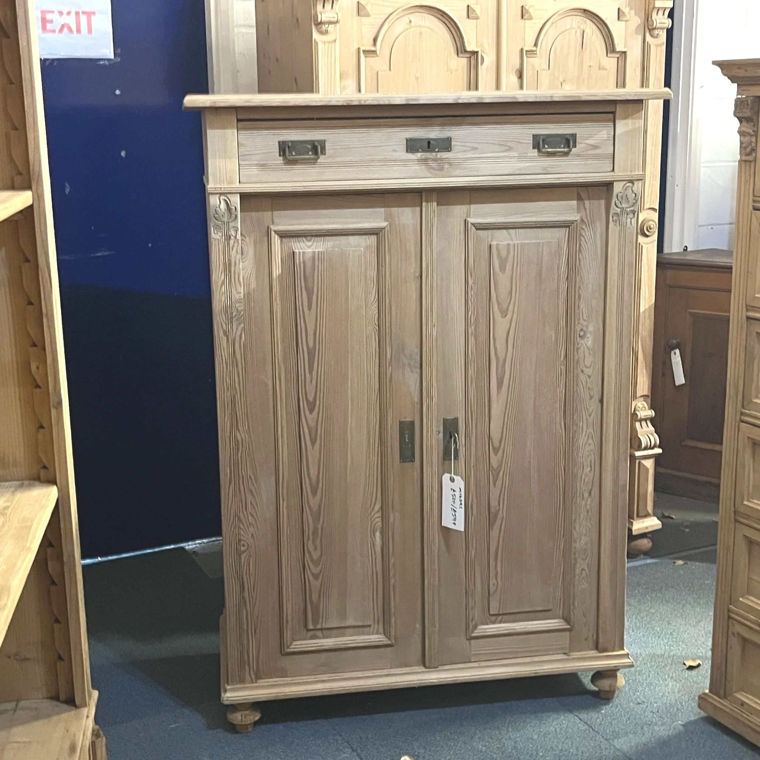 1920s Antique Pine Cupboard with Drawer Over Two Doors