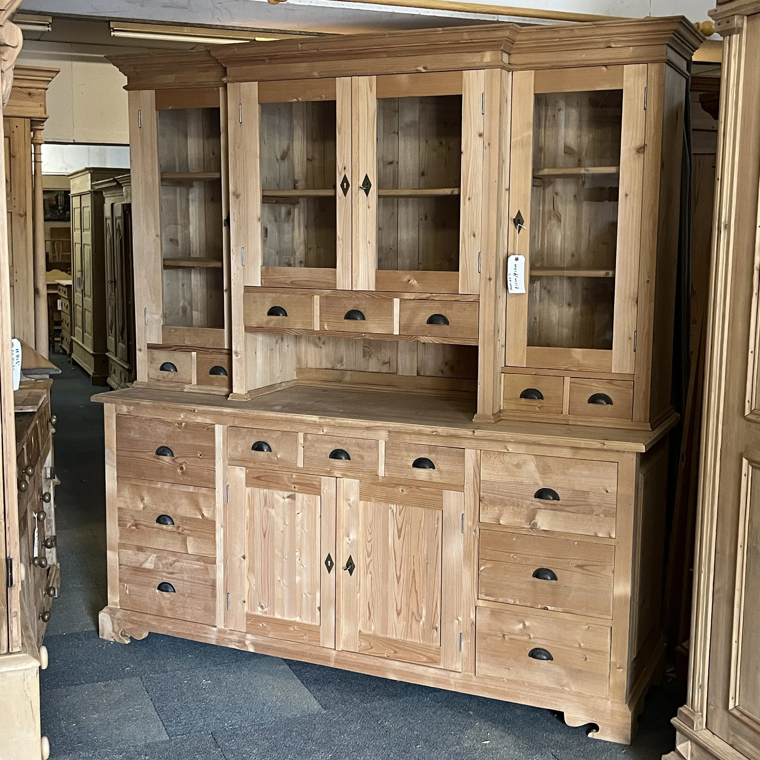 Very Large Pine Glazed Dresser with Drawers and Cupboard Base