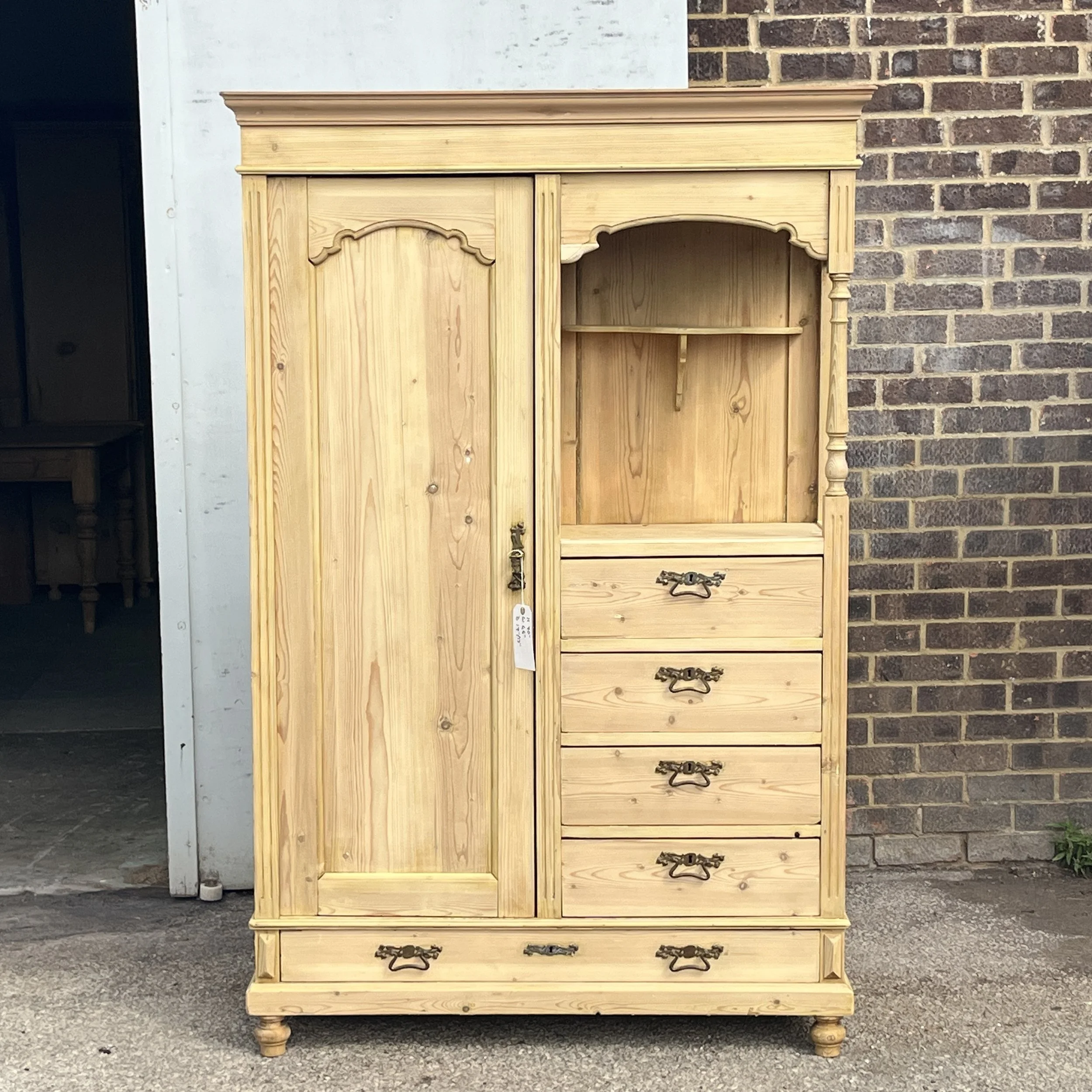 Antique Pine Bedroom Unit with Door, Drawers, and Open Section