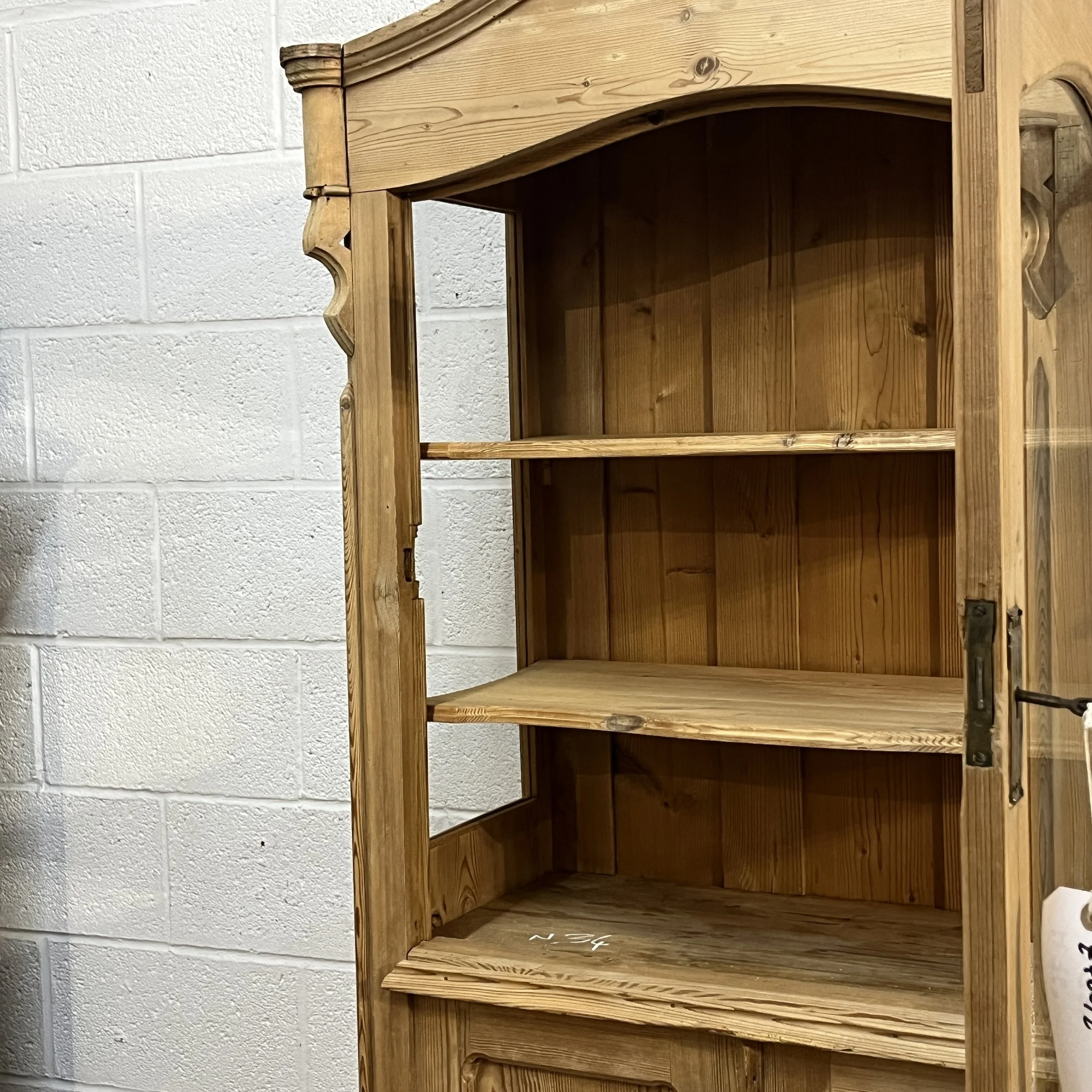Upper interior and glazed side of antique pine display cabinet N3404D