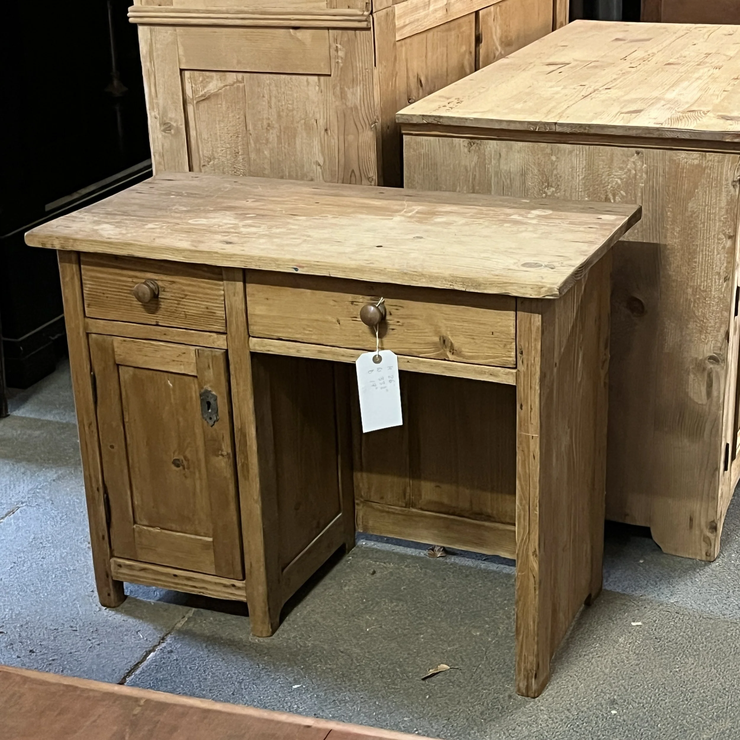 Small 1920s Pine Children's Desk with Drawers and Cupboard