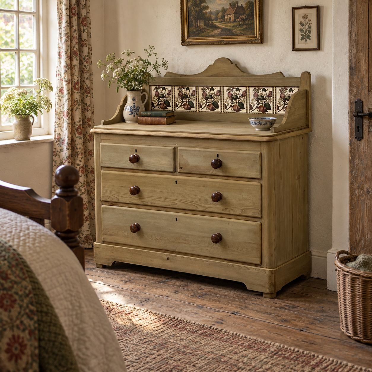 AI-staged room setting showing the Victorian pine chest of drawers in an English country cottage bedroom