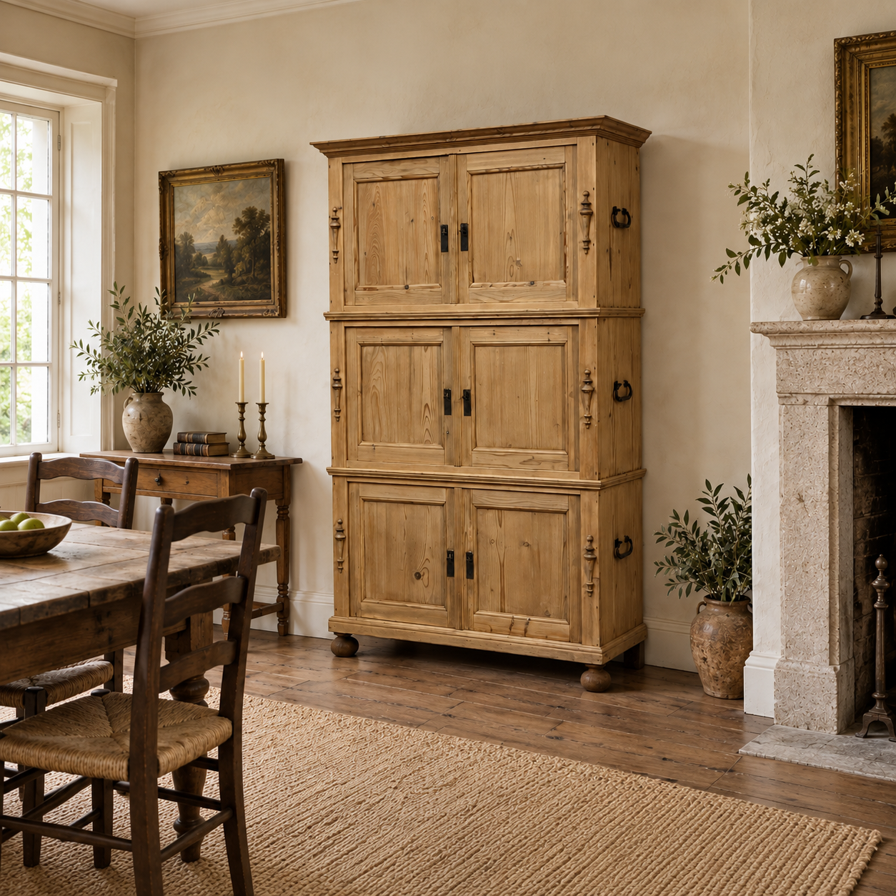 Illustration of the tall pine campaign cupboard in a furnished dining room