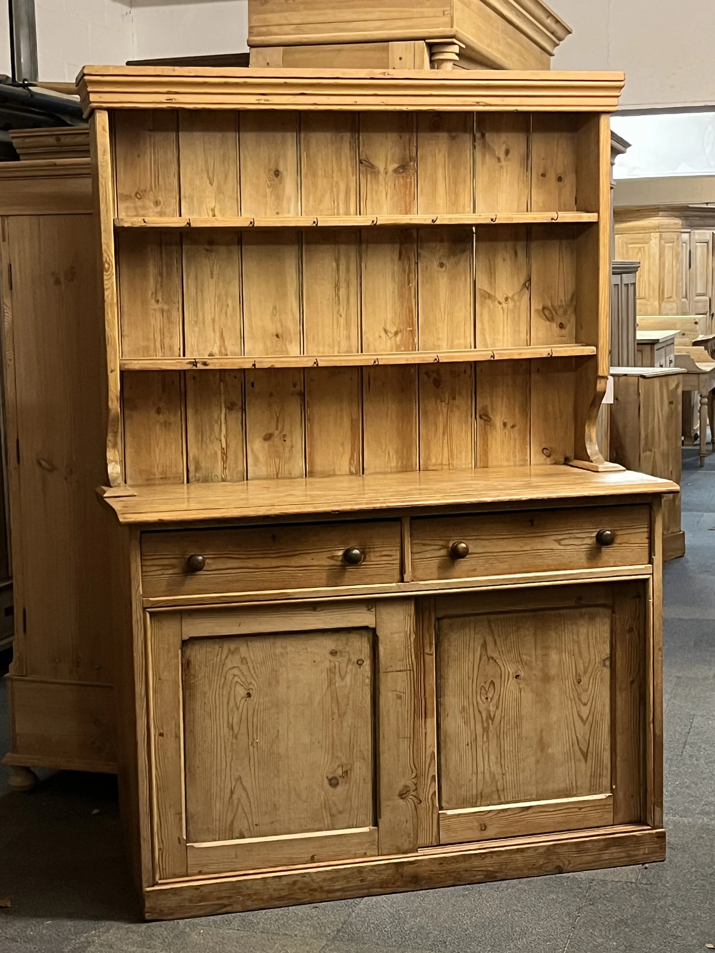 Old English Pine Dresser with Sliding Door Base, circa 1900