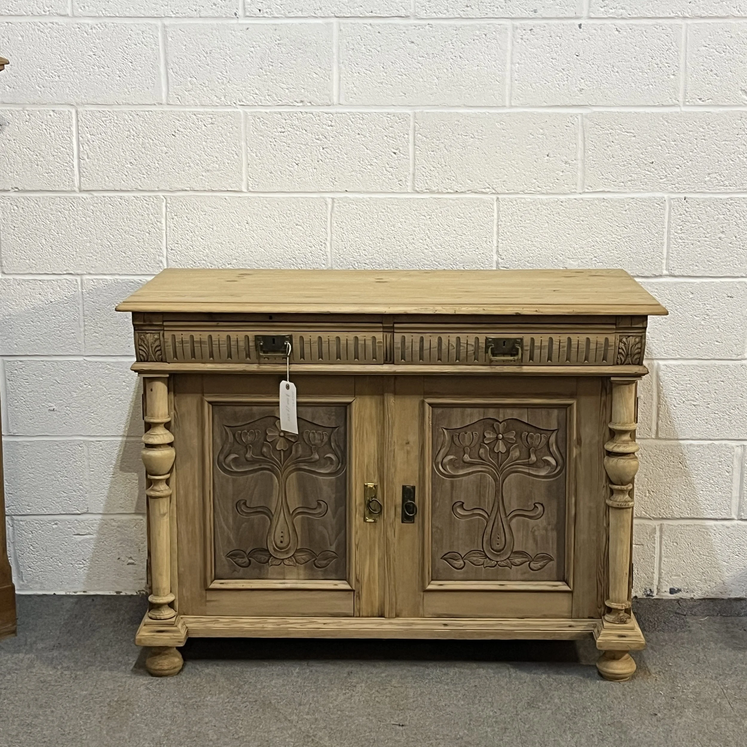 Antique Pine Column Cupboard 2 Drawers Over 2 Doors