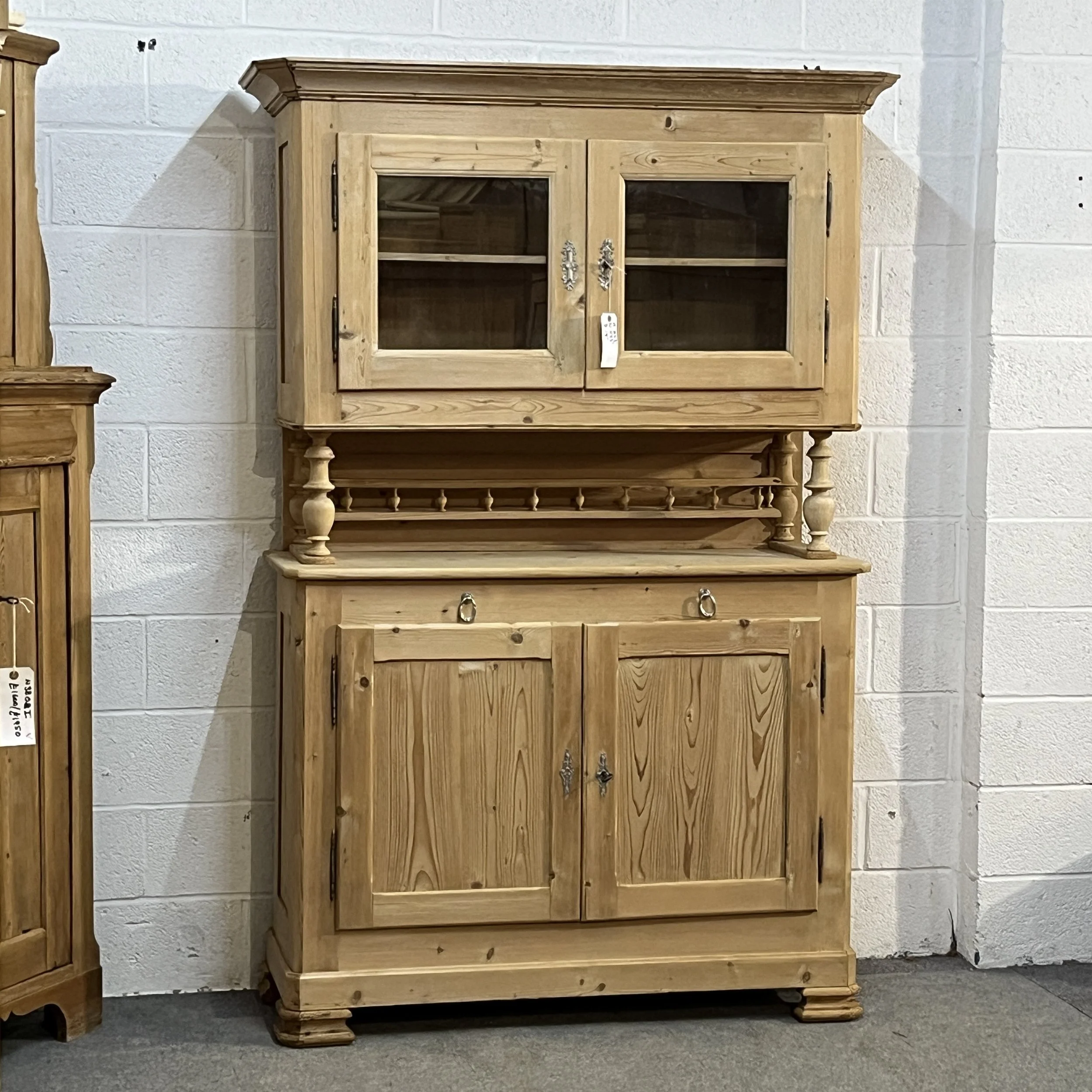 French pine dresser N3653H, full front view with glazed top and cupboard base