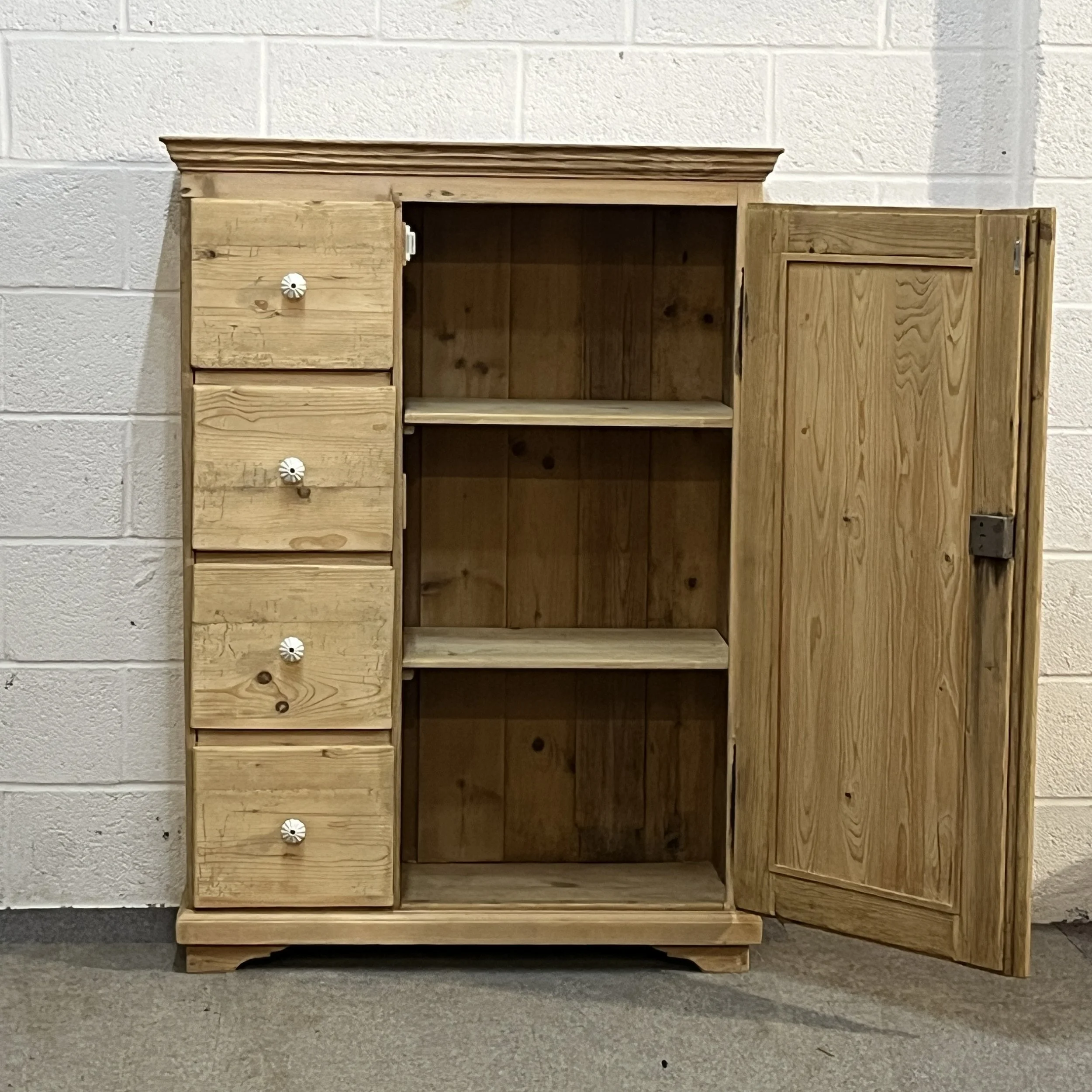 Pine larder cupboard N7408C with door open, showing two shelves and three storage compartments