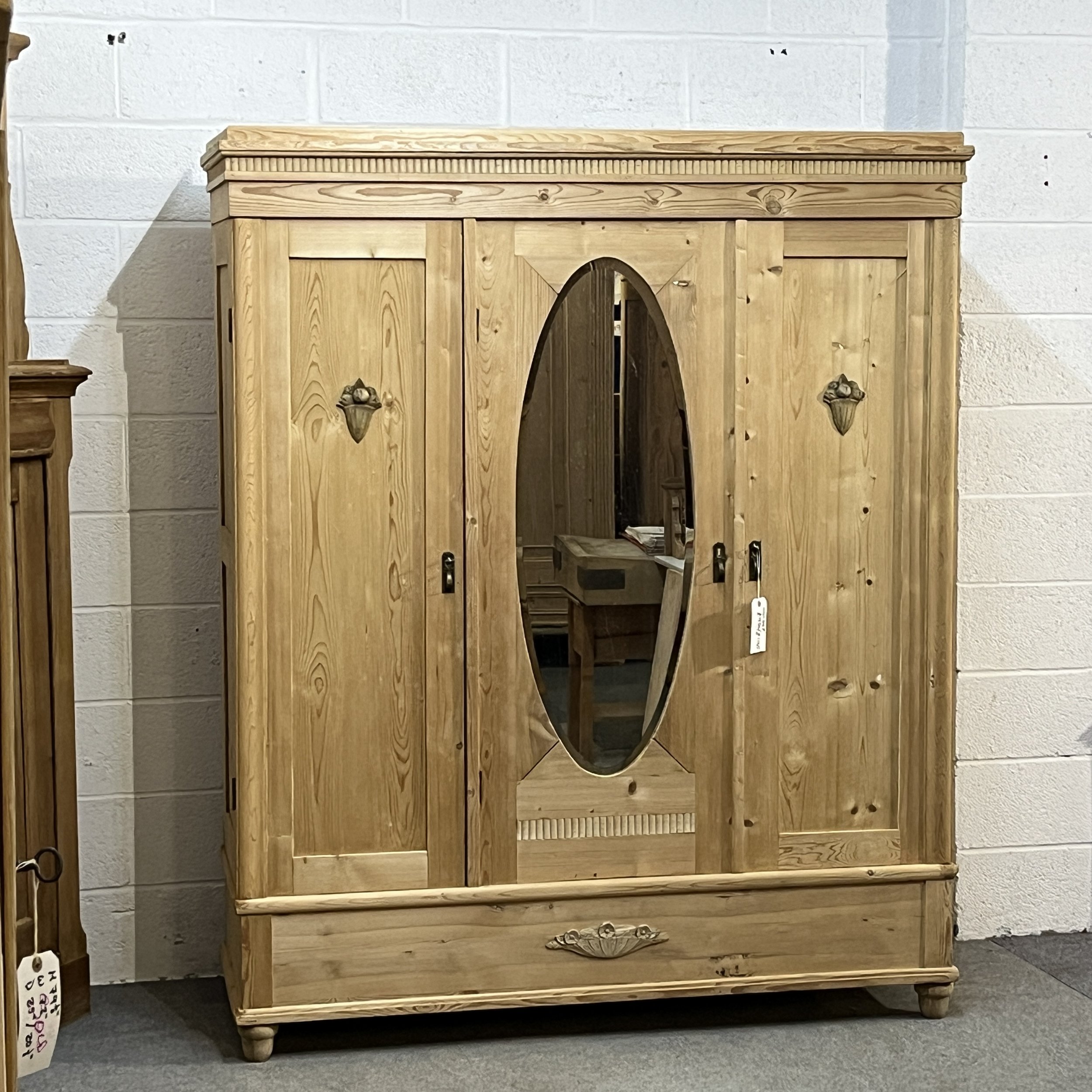 1930s German Triple Pine Wardrobe with Oval Mirror