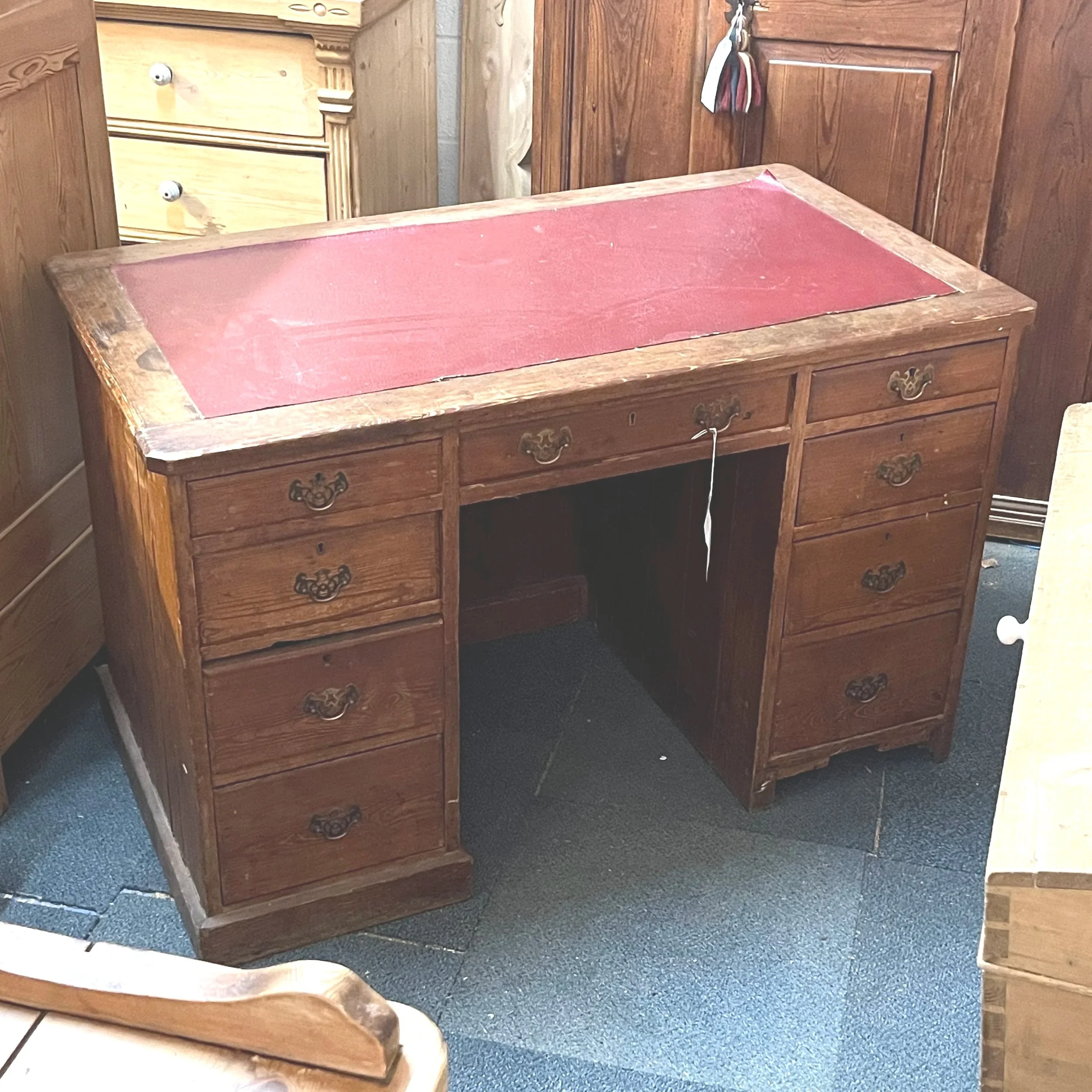 Pitch Pine Leather Insert Top Pedestal Desk