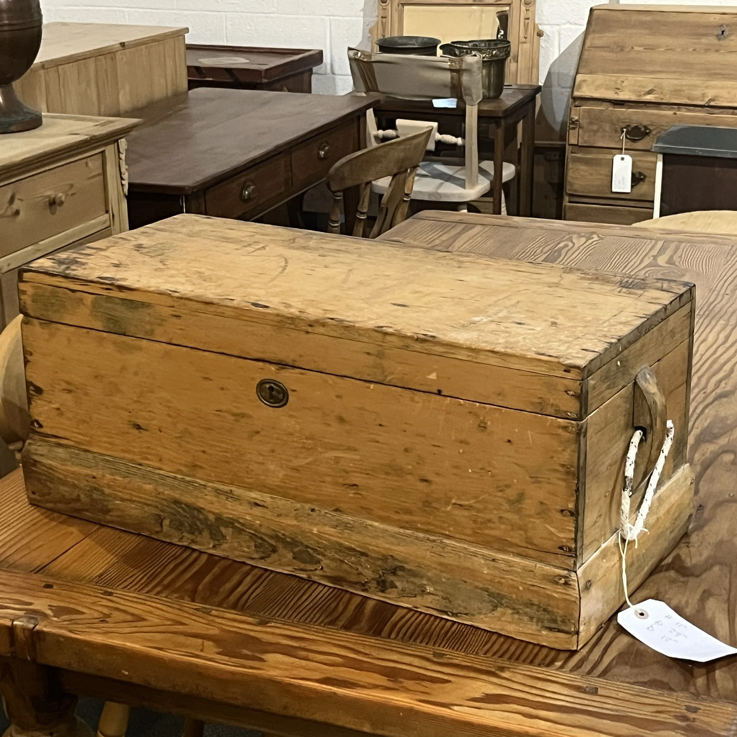 Very Small Antique Pine Tool Chest with Rope Handles