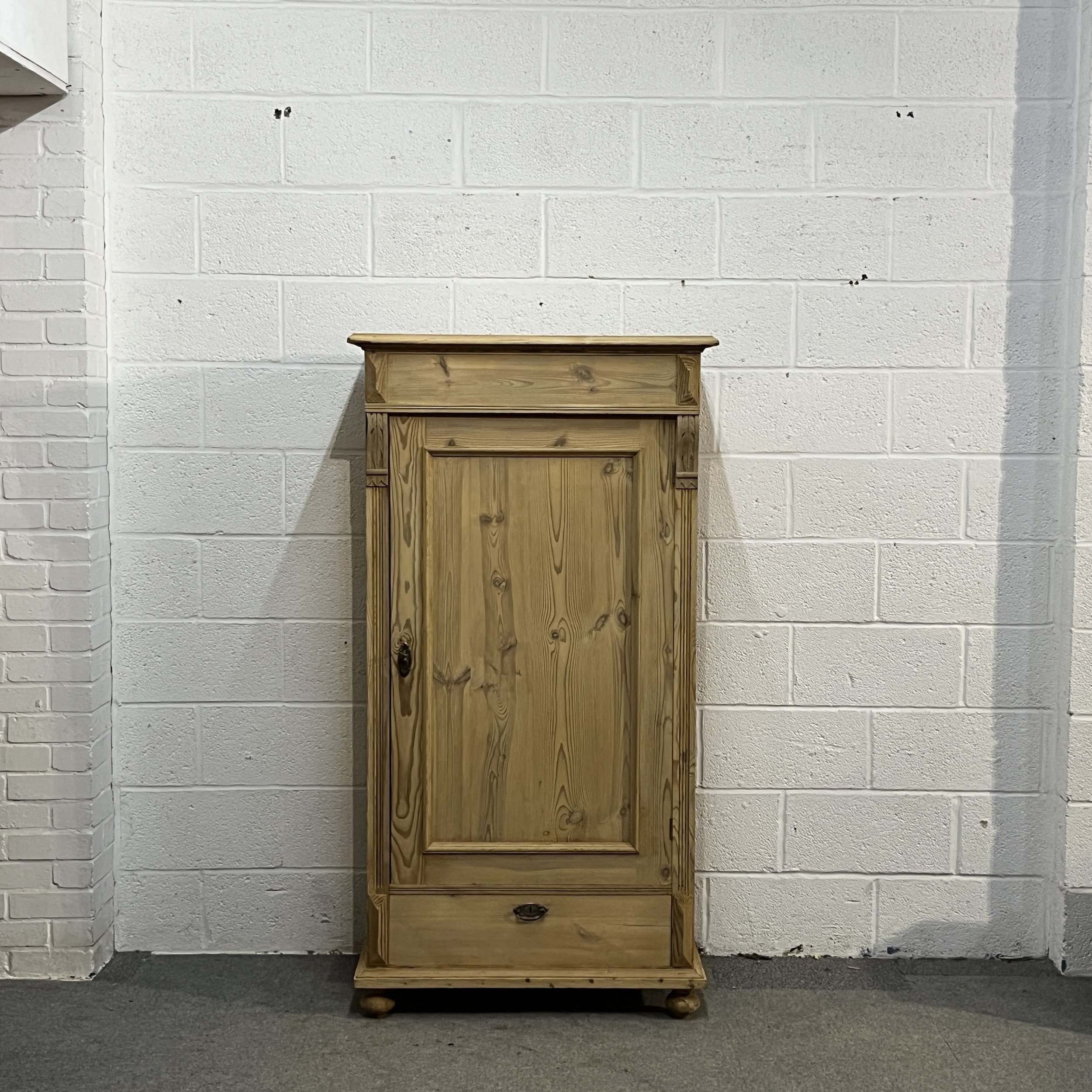 Large Danish Single Door Antique Pine Cupboard With Bottom Drawer