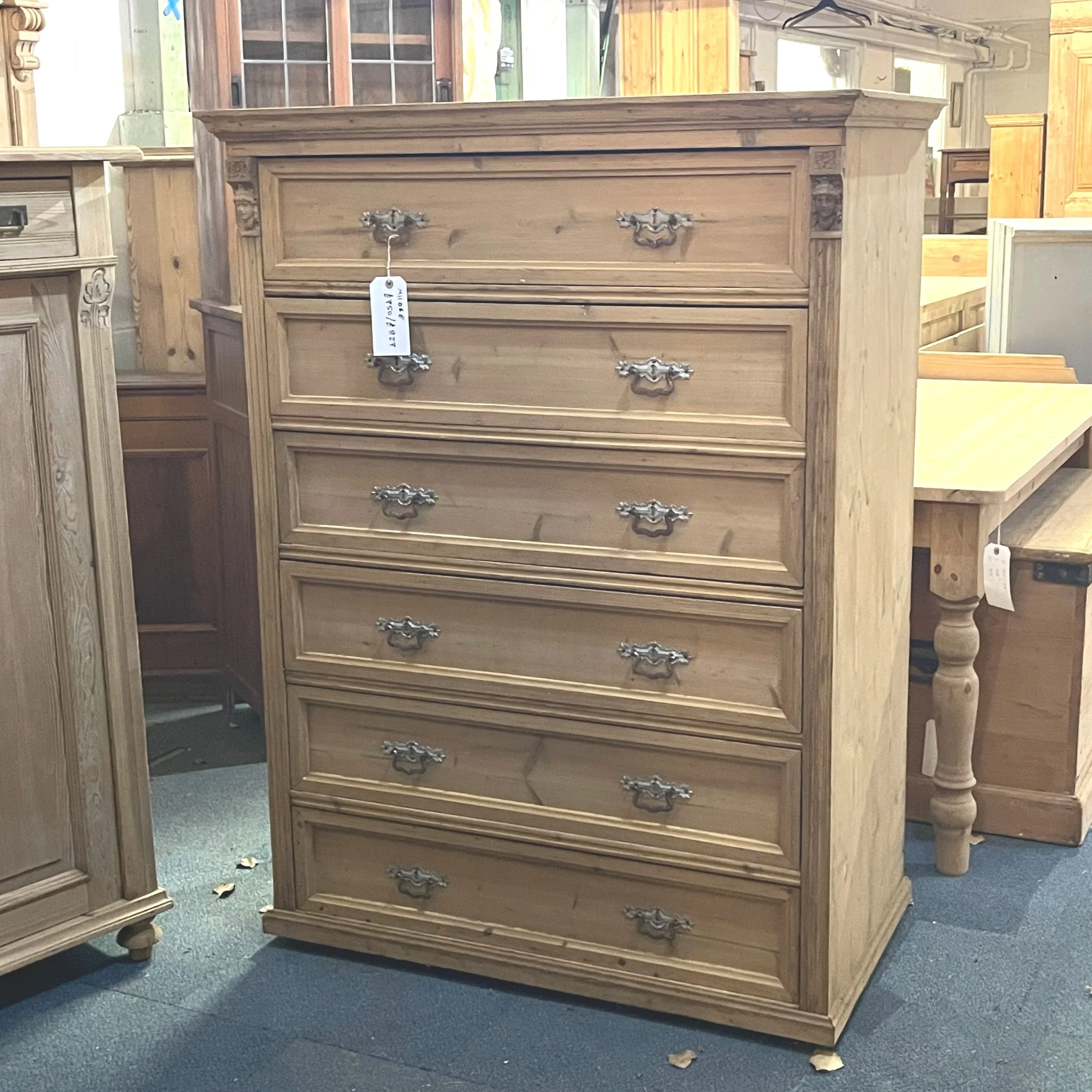 1920s Antique Pine Tall Six-Drawer Chest