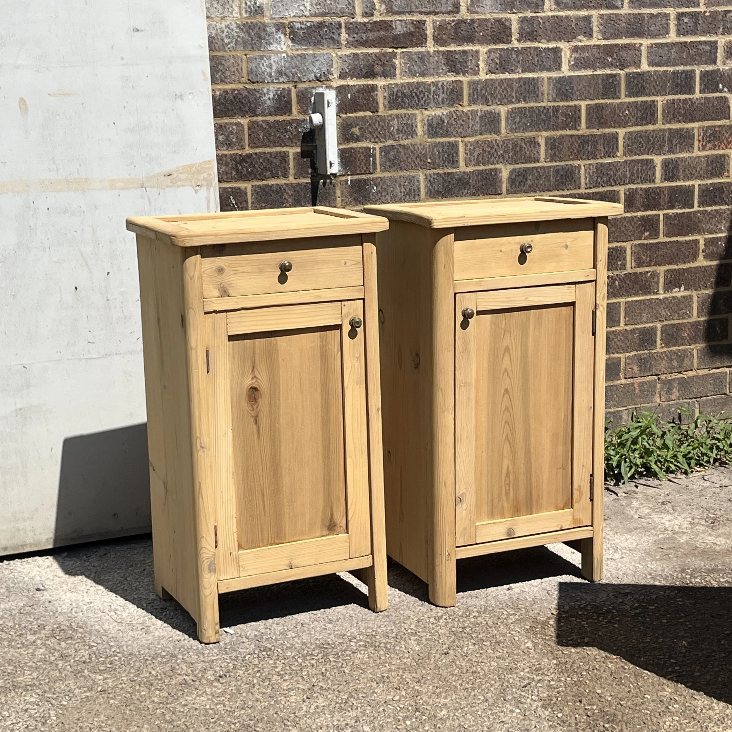 Pair of 1920s Antique Pine Bedside Cupboards with Brass Knobs