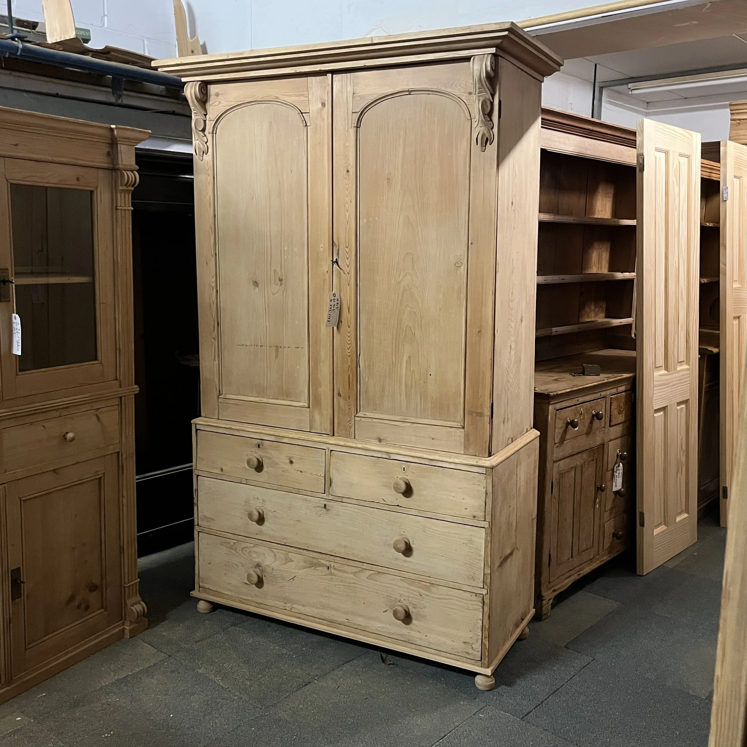 Victorian Antique Pine Linen Press with Arched Panelled Doors