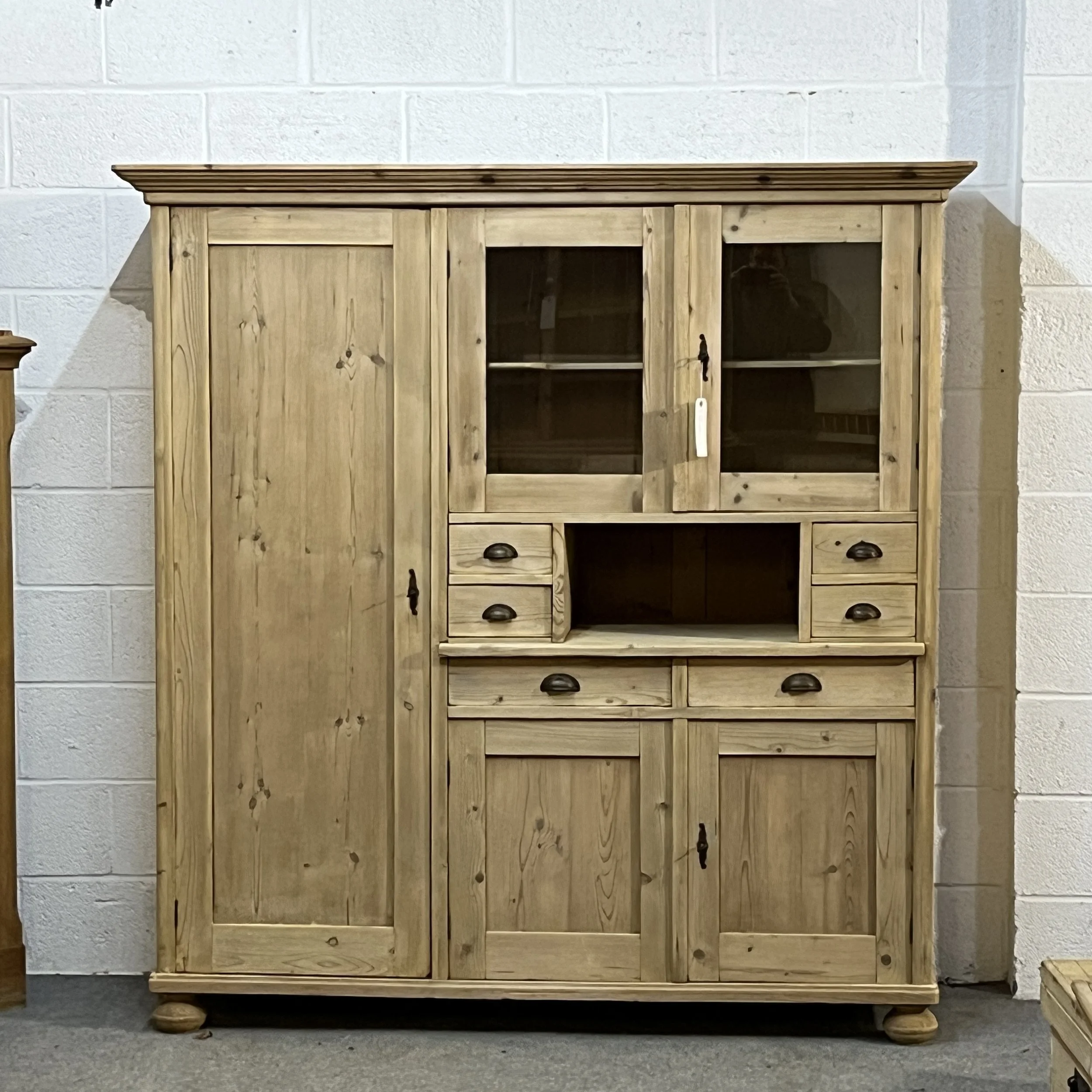 Very Large Antique Pine Storage Cupboard With Drawers
