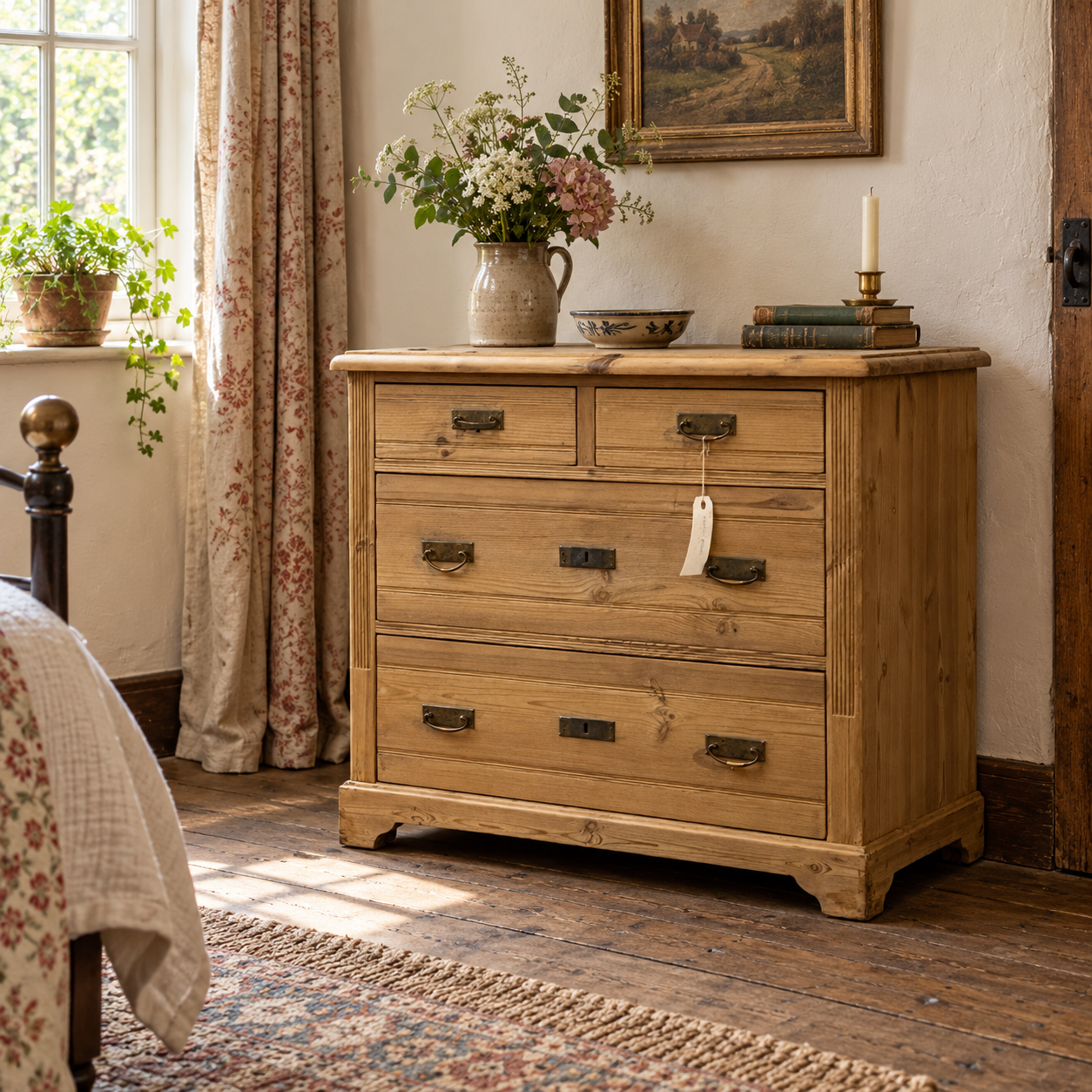 AI-staged room setting for illustration: small 1930s pine chest of drawers N8004C in a country cottage bedroom.