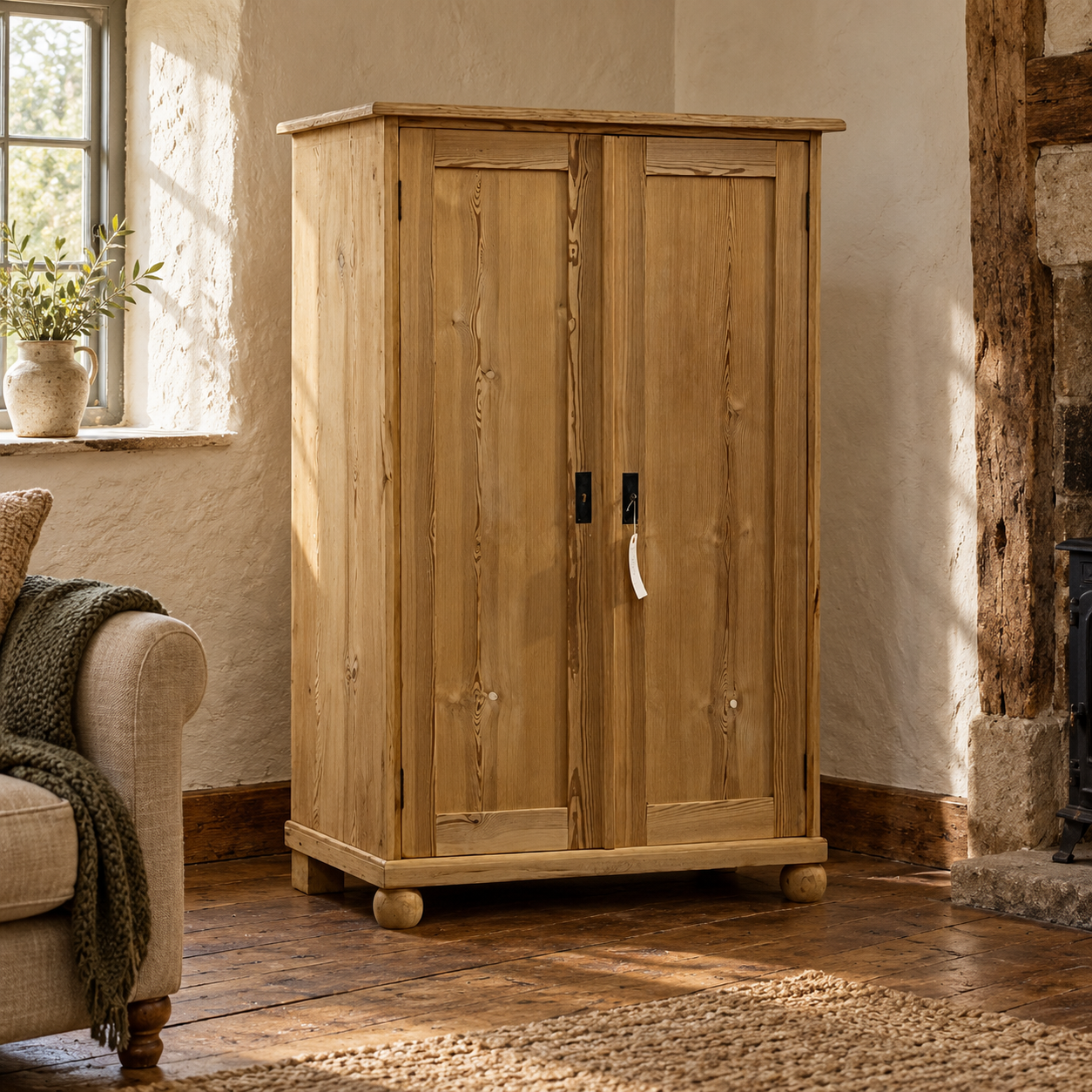 AI-staged room setting for illustration — N7600D pine cupboard in an English country cottage