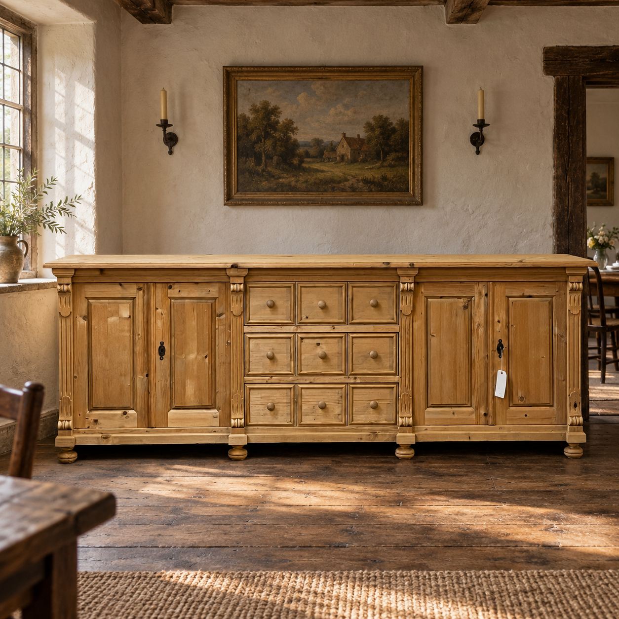 AI-staged room setting for illustration — pine sideboard N7102E in an English country cottage dining room