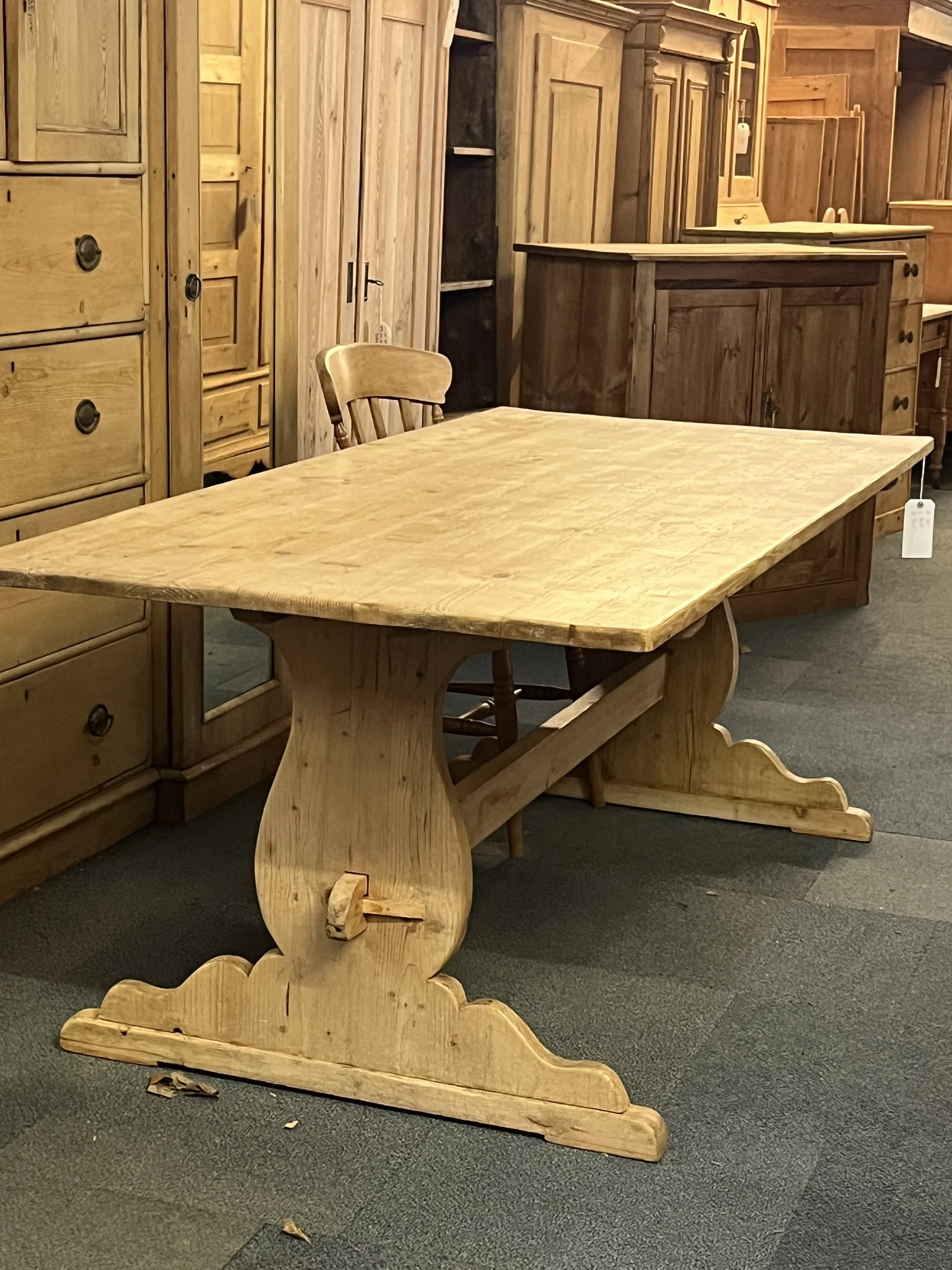 Large Antique Pine Trestle Table Made from Reclaimed Floorboards