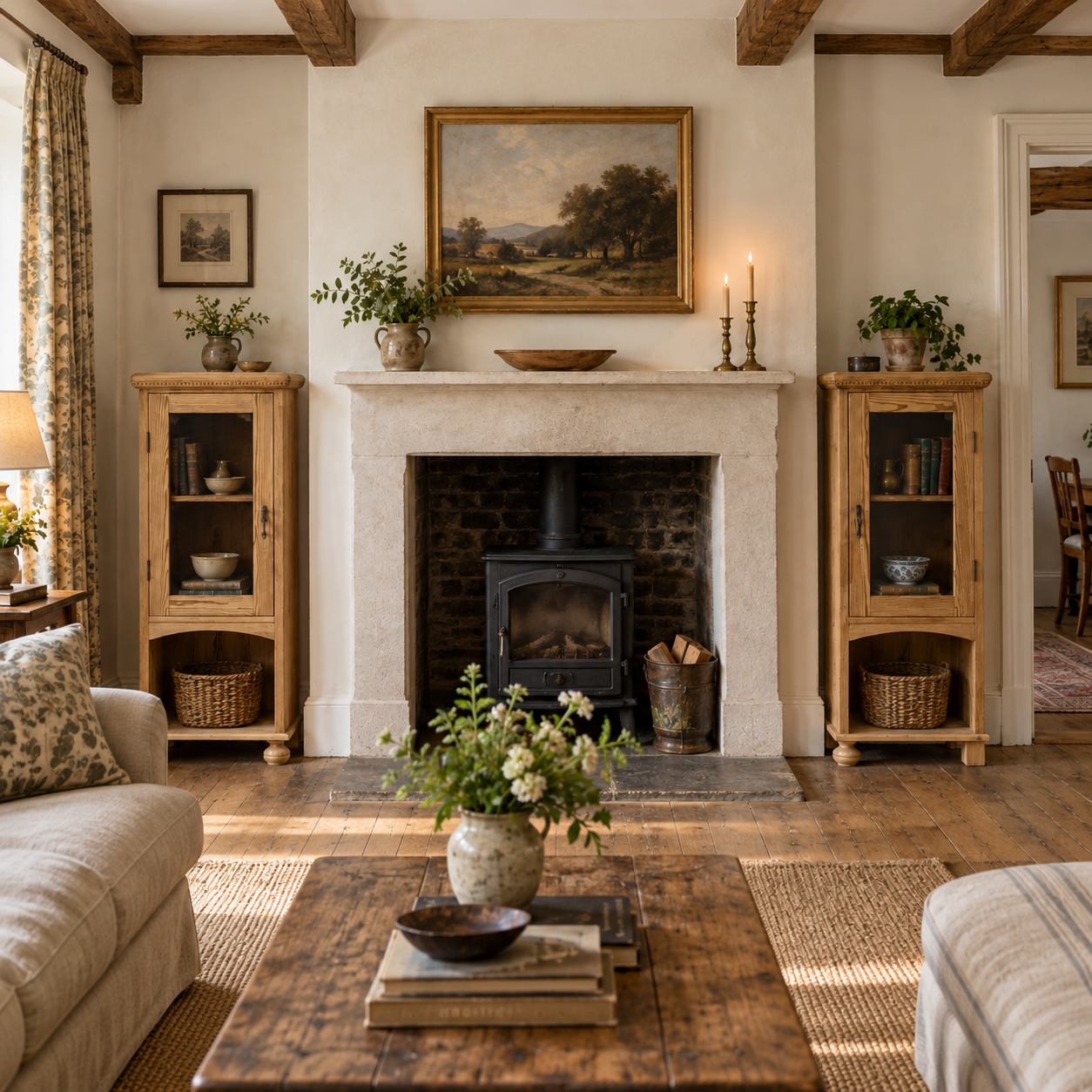 Illustration of the pair of pine glazed cabinets flanking a fireplace in a sitting room