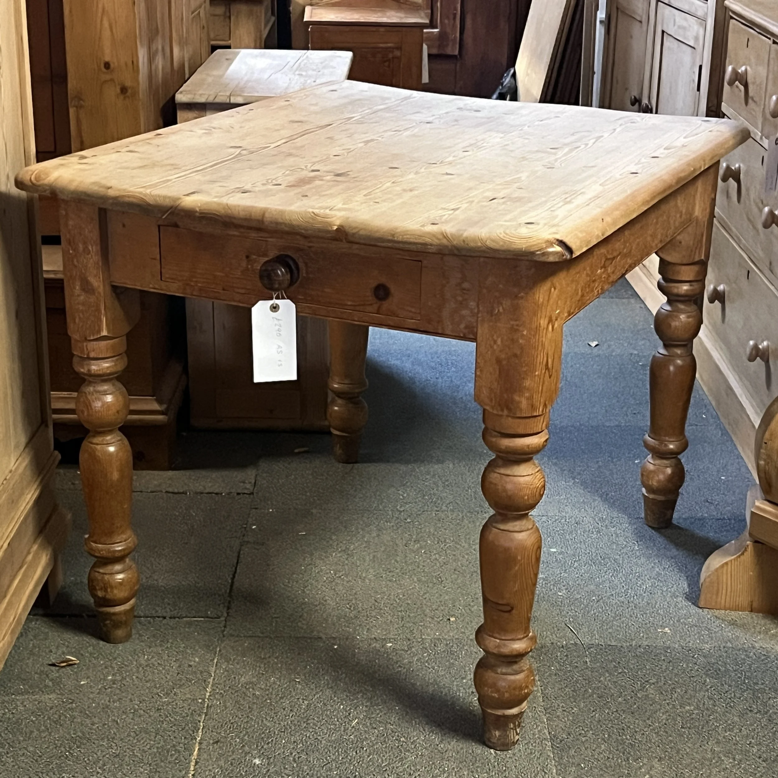Small Antique Pine Kitchen Table with Turned Legs and Drawer