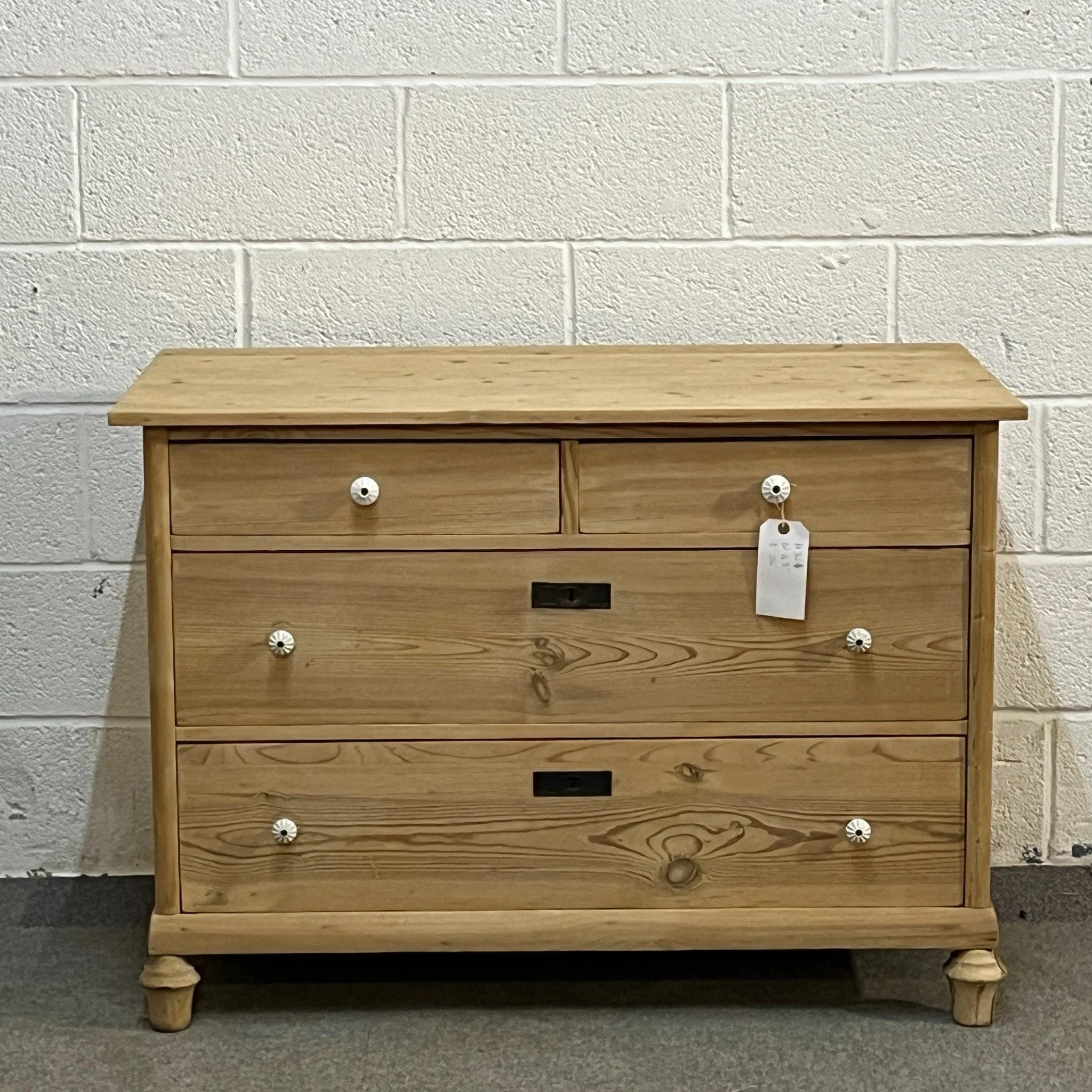 N7905C German pine chest — straight front view with white porcelain knobs