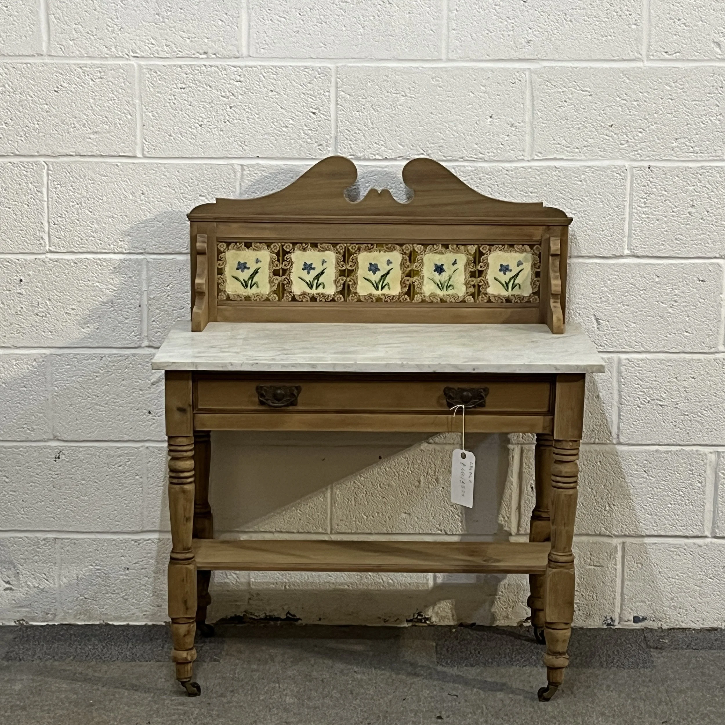 Very Pretty Edwardian Pine Marble Top Tiled Back Washstand