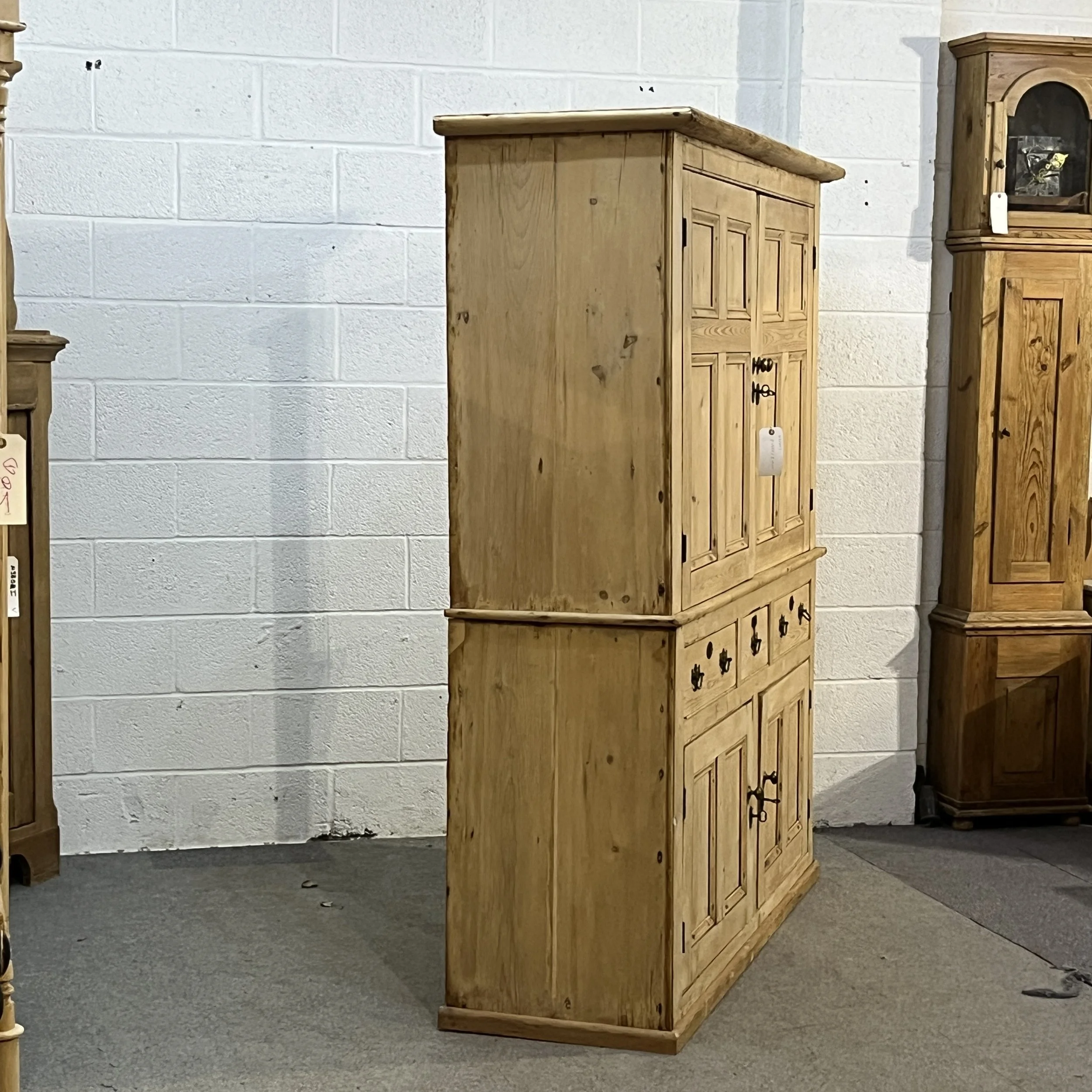 Left-side angled full view of early Victorian pine housekeeper’s cupboard N7700I
