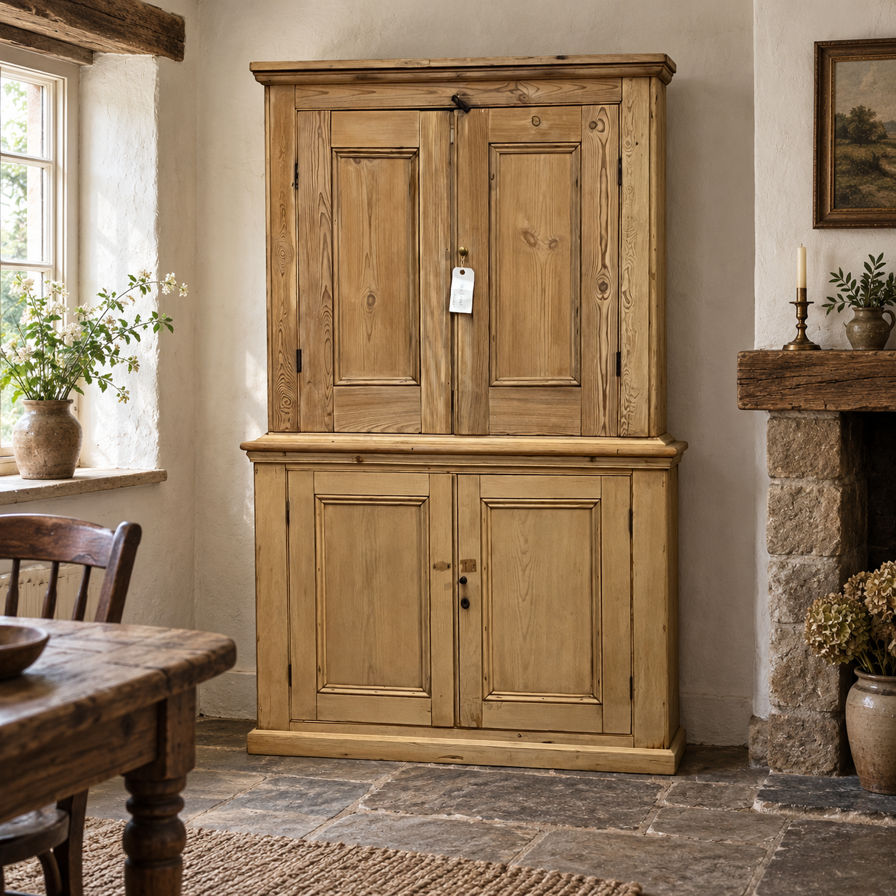 AI-staged room setting for illustration: large old pine cupboard N7809E in a country cottage dining room