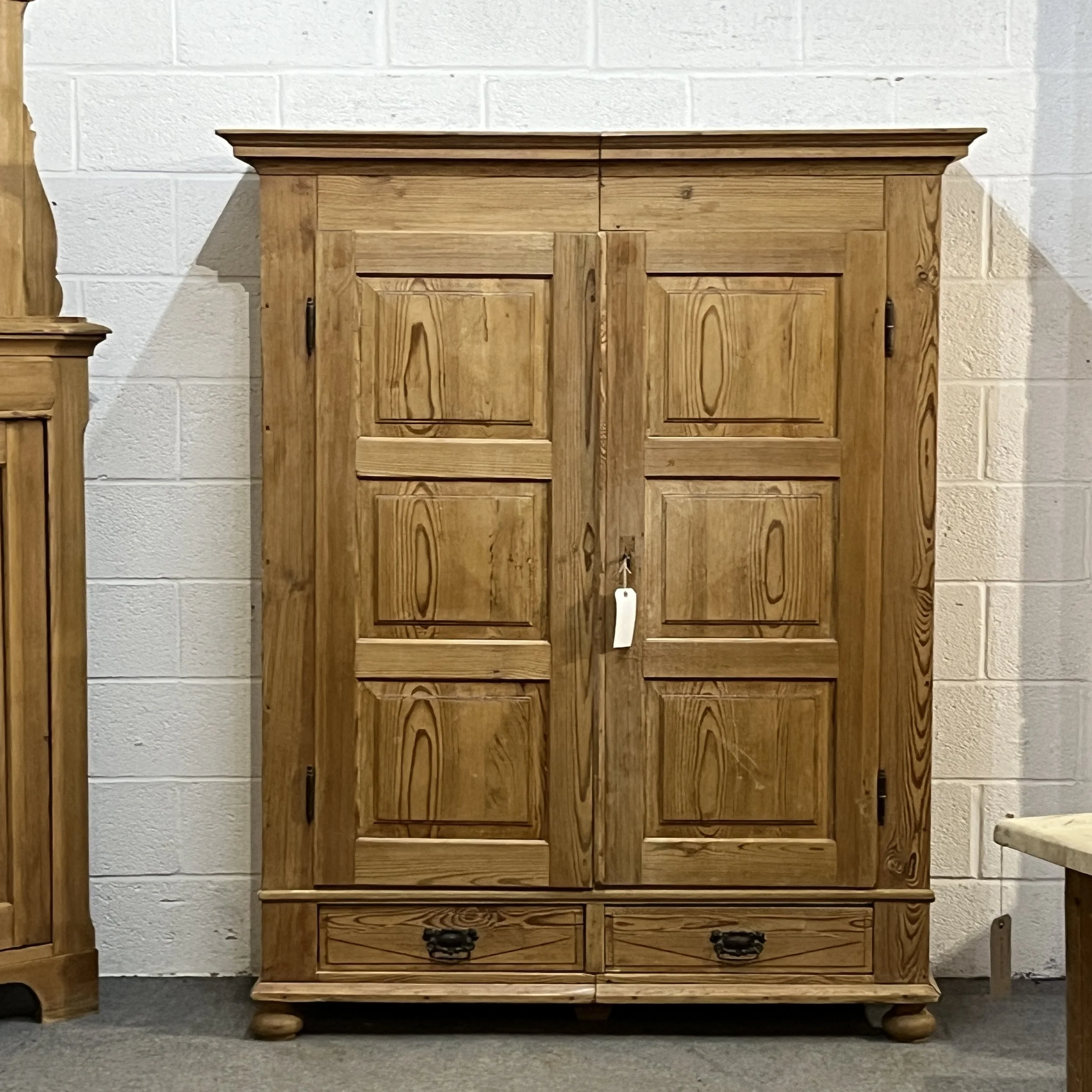 Very Old Double Pine Wardrobe With Bottom Drawers
