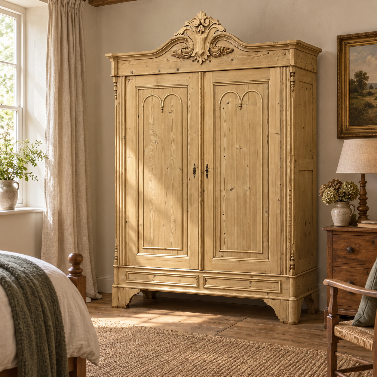 Illustration of the carved double pine wardrobe in a furnished bedroom