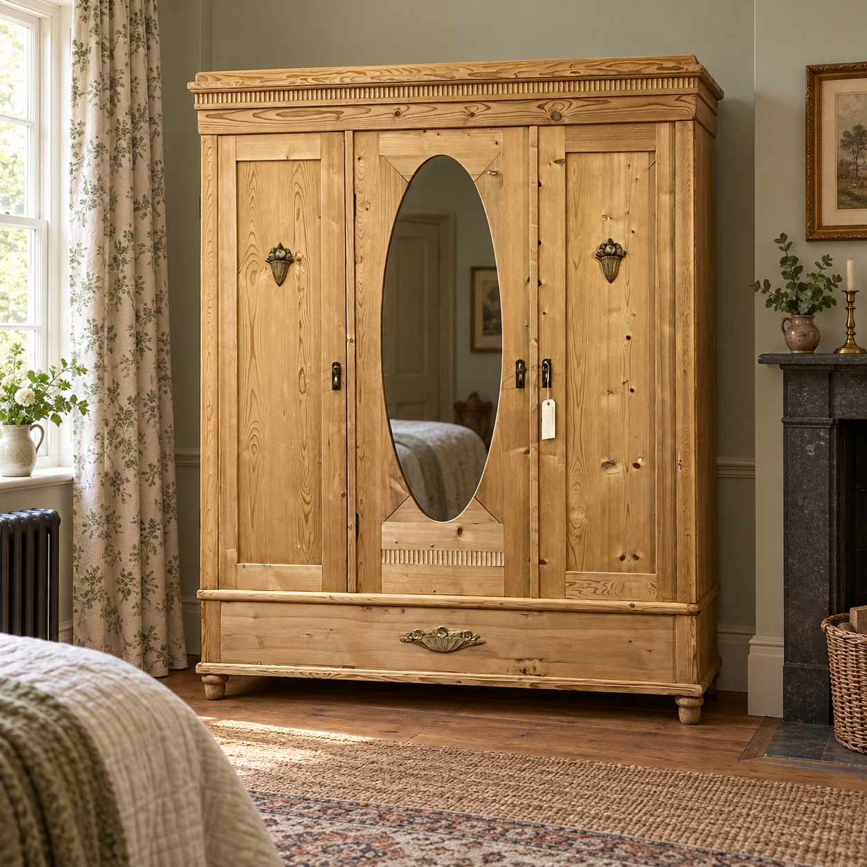 Illustration of the oval-mirrored pine wardrobe in a furnished bedroom