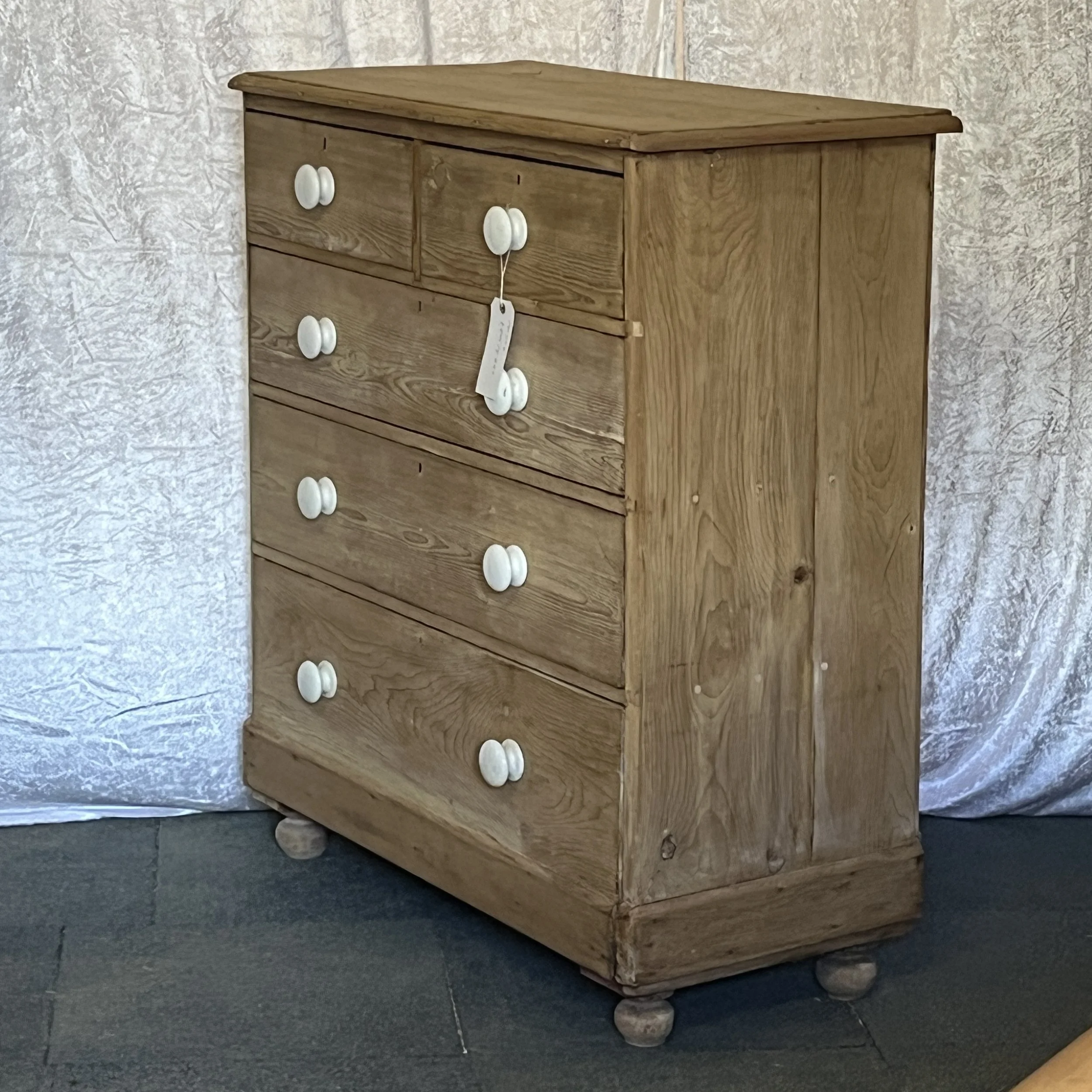 P0109B pine chest, right-side angle showing bare wood and bun feet