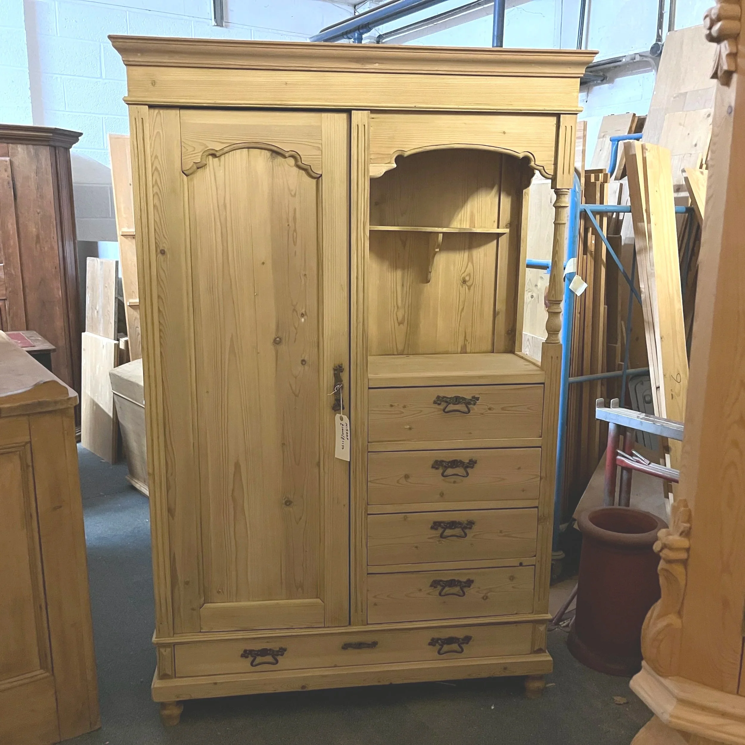 Antique Pine Bedroom Unit with Door, Drawers, and Open Section