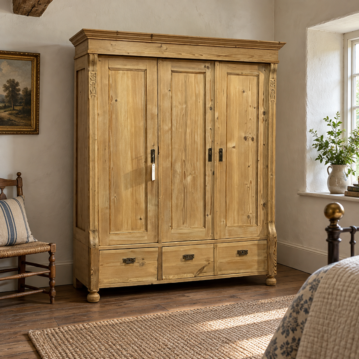 AI-staged room setting for illustration — N4700F pine wardrobe in a country cottage bedroom