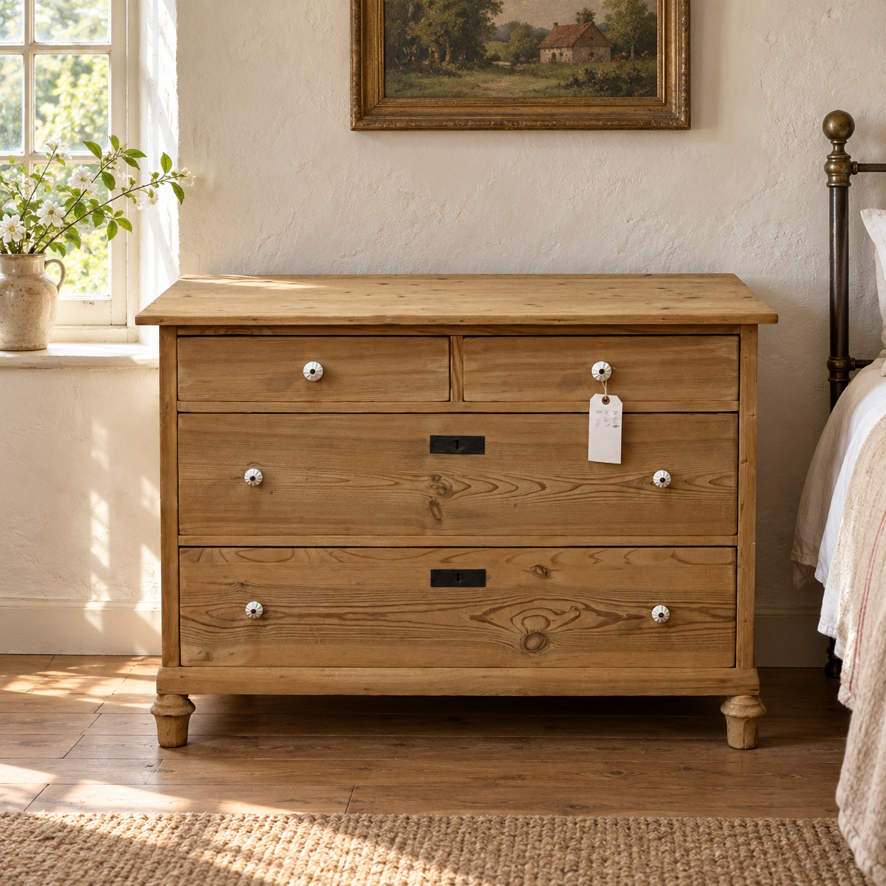 AI-staged room setting for illustration — N7905C pine chest in a country cottage bedroom
