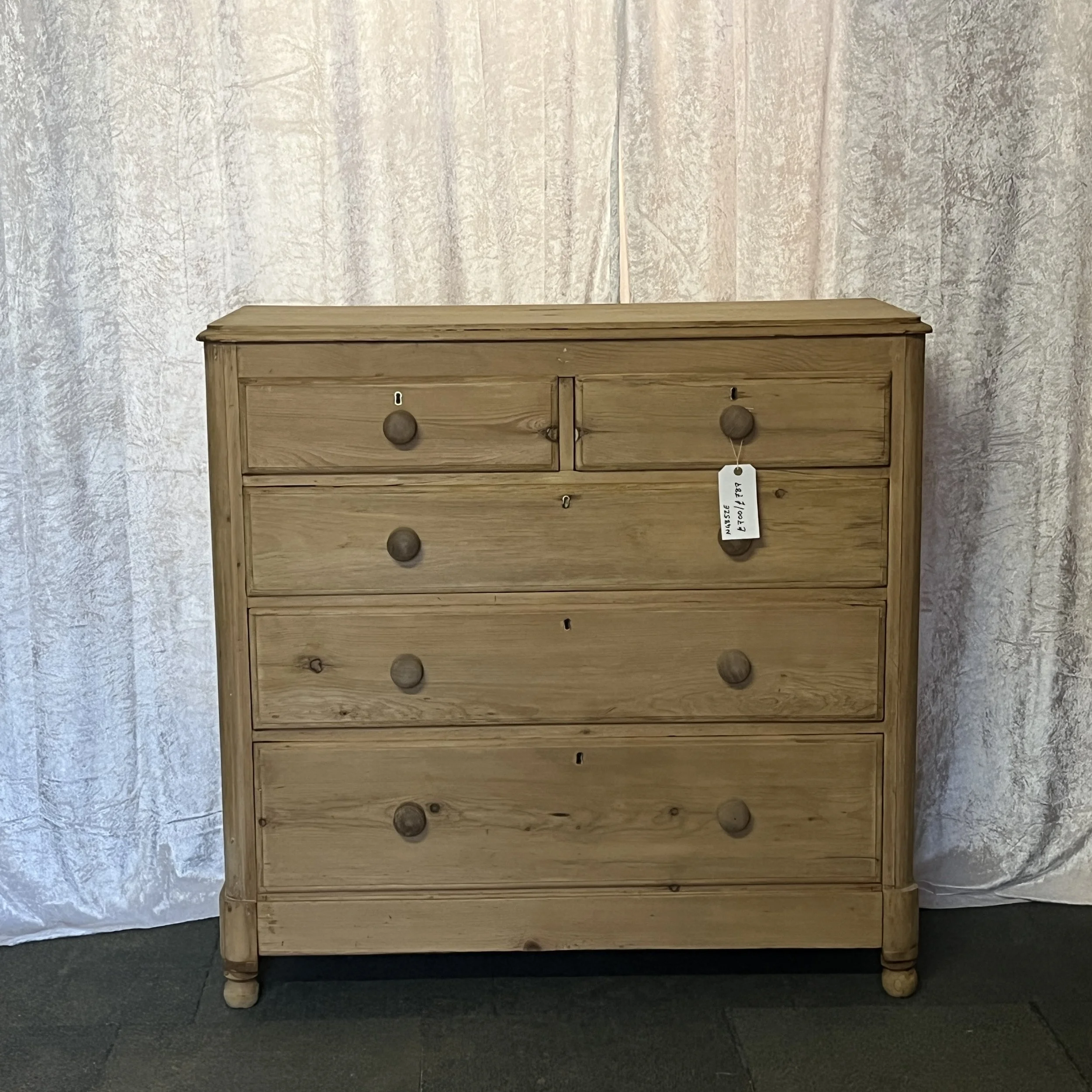 N4852E very large Victorian pine chest, full front view showing two small over three broad drawers and wooden knobs