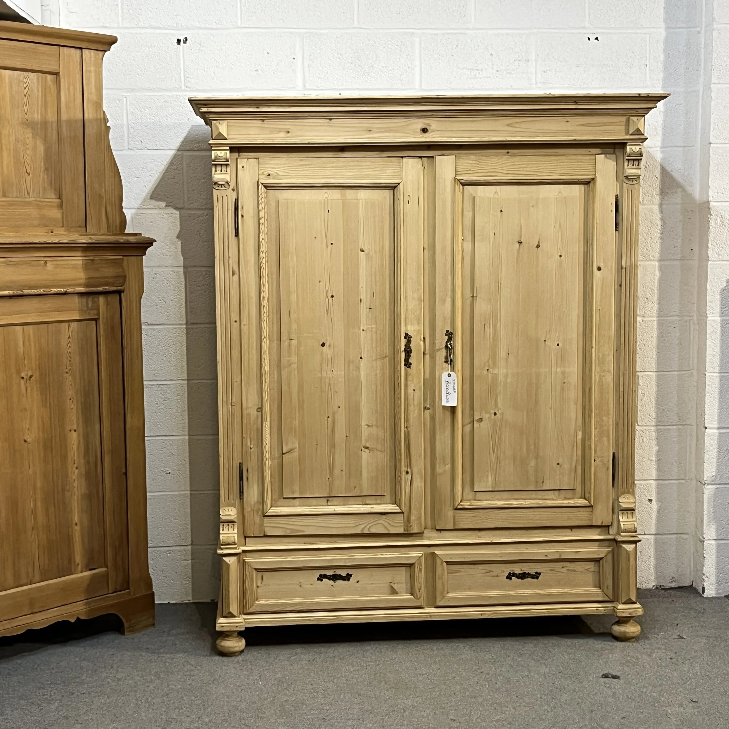 Large Antique Pine Double Wardrobe With Drawers (Dismantles)