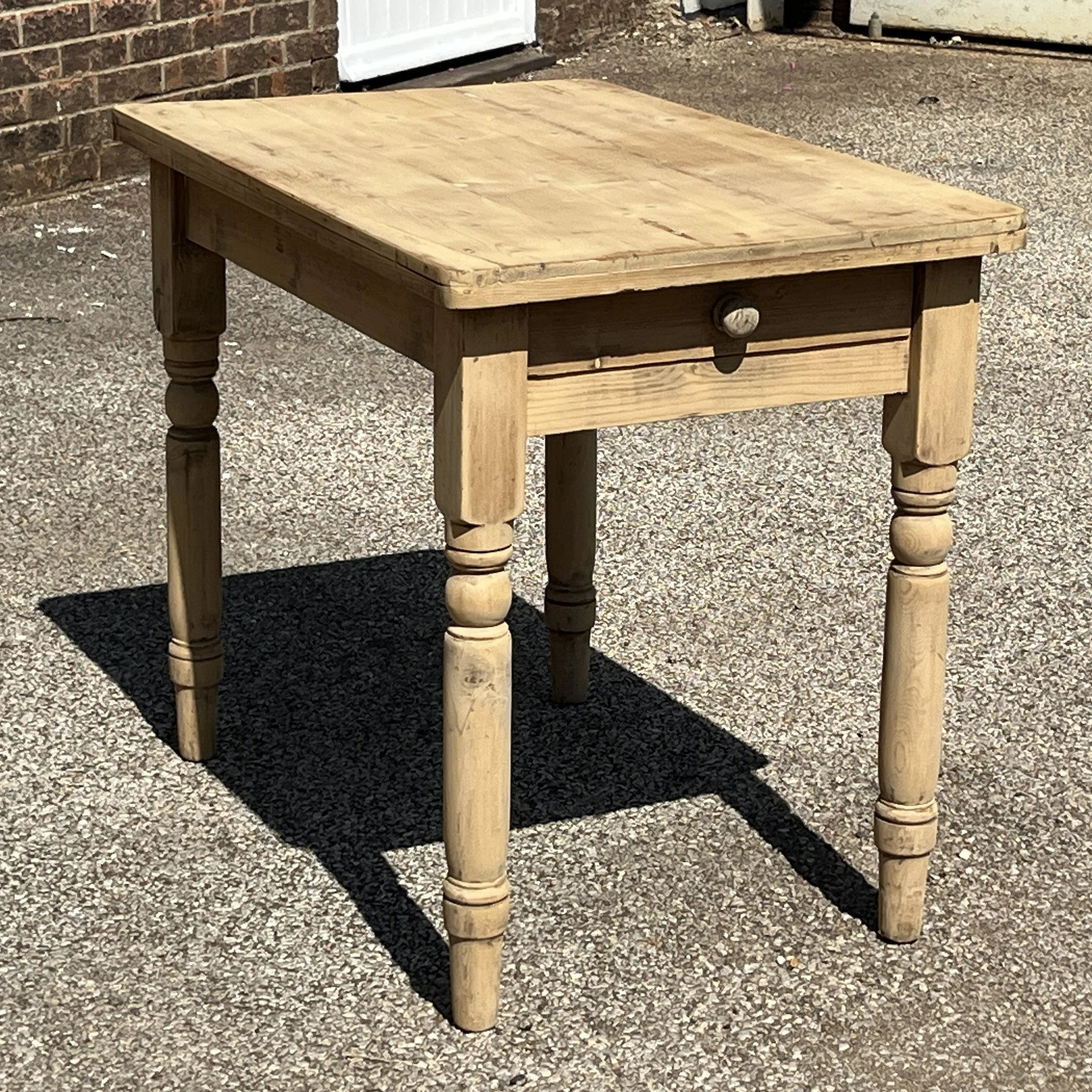 Small Turned Leg Antique Pine Table with End Drawer