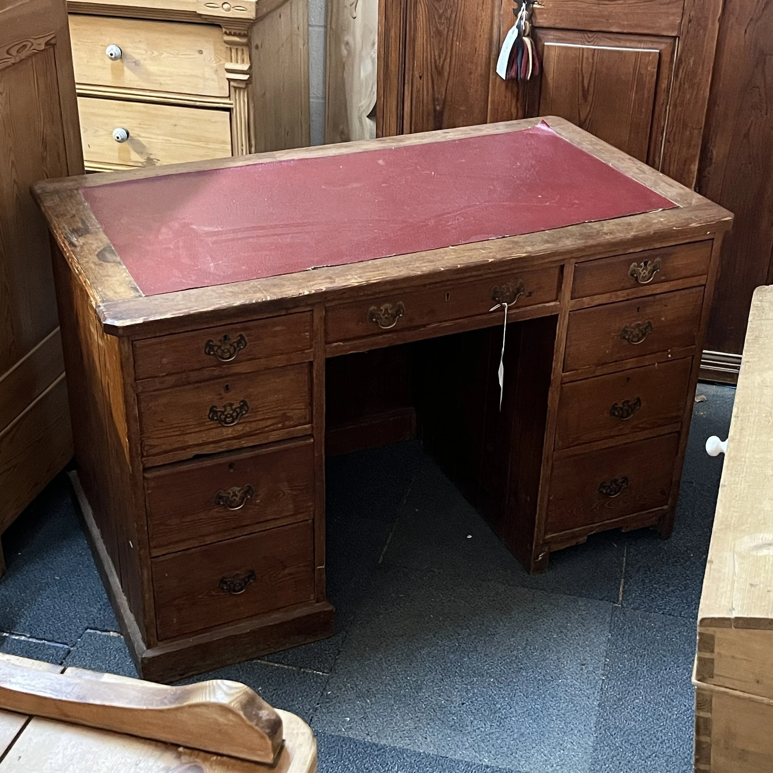 Pitch Pine Leather Top Pedestal Desk