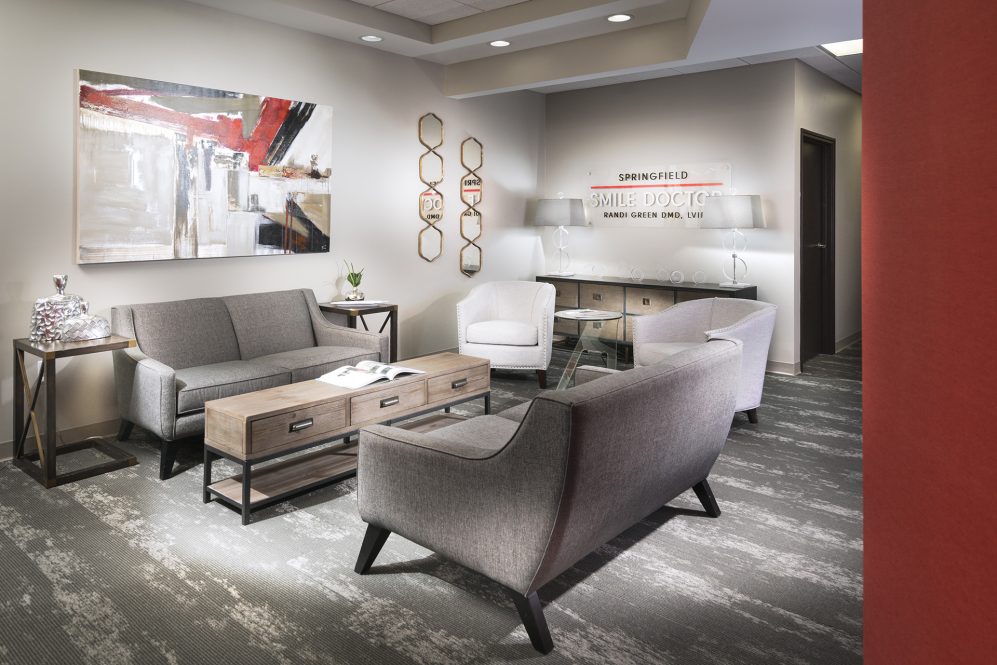 Springfield Smile Doctor, Randi Green DMD, LVIF has a living room, not a waiting room at our dental practice. Photography provided by Global Image Creation via Decorating Den Interiors