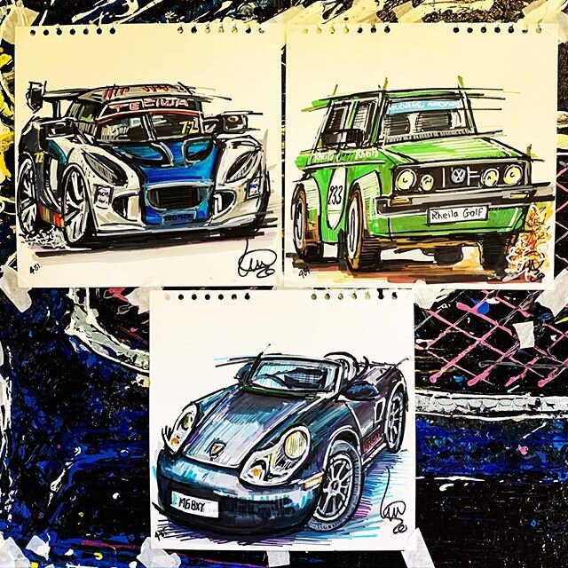 Ta-dah! Here&rsquo;s yesterday&rsquo;s @popbangcolour #ContinuousCar drawings including @twp_racing &lsquo;s Lotus Elise, @vrdmotorsport VW Rheila Golf &amp; a @porsche Boxster .
Which one is your favourite? #ContinuousWheels